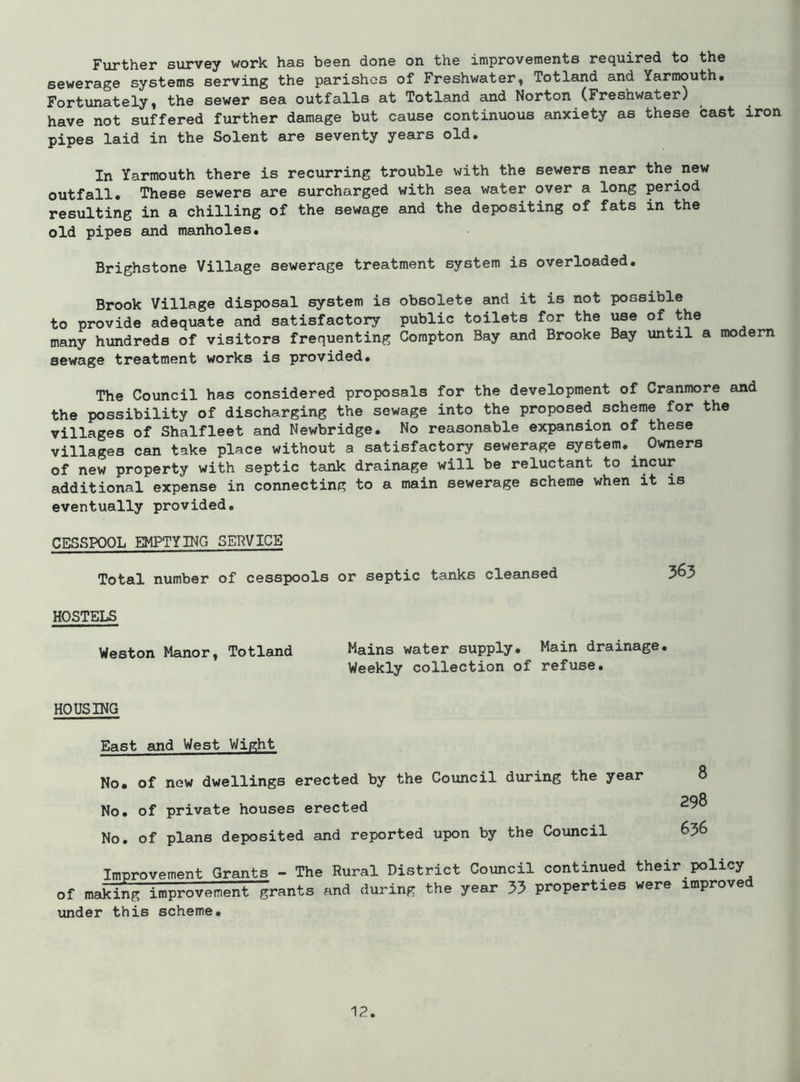 Further survey work has been done on the improvements required to the sewerage systems serving the parishes of Freshwater, Totland and Yarmouth. Fortunately, the sewer sea outfalls at Totland and Norton (Freshwater) have not suffered further damage but cause continuous anxiety as these cast iron pipes laid in the Solent are seventy years old. In Yarmouth there is recurring trouble with the sewers near the new outfall. These sewers are surcharged with sea water over a long period resulting in a chilling of the sewage and the depositing of fats in the old pipes and manholes. Brighstone Village sewerage treatment system is overloaded. Brook Village disposal system is obsolete and it is not possible to provide adequate and satisfactory public toilets for the use of the many hundreds of visitors frequenting Compton Bay and Brooke Bay until a modern sewage treatment works is provided. The Council has considered proposals for the development of Cranmore and the possibility of discharging the sewage into the proposed scheme for the villages of Shalfleet and Newbridge. No reasonable expansion of these villages can take place without a satisfactory sewerage system. Owners of new property with septic tank drainage will be reluctant to incur additional expense in connecting to a main sewerage scheme when it is eventually provided. CESSPOOL EMPTYING SERVICE Total number of cesspools or septic tanks cleansed 363 HOSTELS Weston Manor, Totland Mains water supply. Main drainage, Weekly collection of refuse. HOUSING East and West Wight No. of new dwellings erected by the Council during the year 8 No. of private houses erected No. of plans deposited and reported upon by the Council Imorovement Grants - The Rural District Council continued their policy^ of making improvement grants and during the year 33 properties were improved under this scheme.