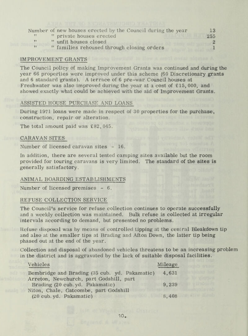 Number of new houses erected by the Council during the year 13   private houses erected 255   unfit houses closed 2   families rehoused through closing orders 1 IMPROVEMENT GRANTS The Council policy of making Improvement Grants was continued and during the year 66 properties were improved under this scheme (60 Discretionary grants and 6 standard grants). A terrace of 6 pre-war Council houses at Freshwater was also improved during the year at a cost of £15, 000, and showed exactly what could be achieved with the aid of Improvement Grants. ASSISTED HOUSE PURCHASE AND LOANS During 1971 loans were made in respect of 30 properties for the purchase, construction, repair or alteration. The total amount paid was £82, 045. CARAVAN SITES Number of licensed caravan sites - 16. In addition, there are several tented camping sites available but the room provided for touring caravans is very limited. The standard of the sites is generally satisfactory. ANIMAL BOARDING ESTABLISHMENTS Number of licensed premises - 6. REFUSE COLLECTION SERVICE The Council’s service for refuse collection continues to operate successfully and a weekly collection was maintained. Bulk refuse is collected at irregular intervals according to demand, but presented no problems. Refuse disposal was by means of eontrolled tipping at the central Bleakdown tip and also at the smaller tips at Brading and Alton Down, the latter tip being phased out at the end of the year. Collection and disposal of abandoned vehicles threatens to be an increasing problem in the district and is aggravated by the lack of suitable disposal facilities. Vehicles Mileage Bembridge and Brading (35 cub. yd. Pakamatic) 4,631 Arreton, Newchurch, part Godshill, part Brading (20 cub. yd. Pakamatic) 9,239 Niton, Chale, Gatcombe, part Godshill (20 cub. yd. Pakamatic) 8,408 no
