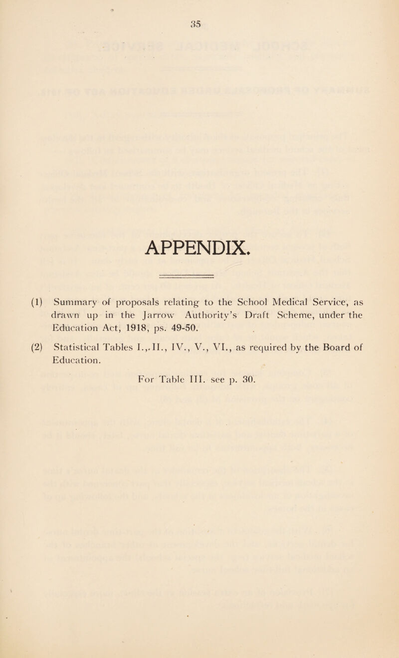 APPENDIX. (1) Summary of proposals relating to the School Medical Service, as drawn up in the Jarrow Authority’s Draft Scheme, under the Education Act, 1918, ps. 49-50. (2) Statistical Tables I.,.II., IV., V., VI., as required by the Board of Education. For Table III. see p. 30.