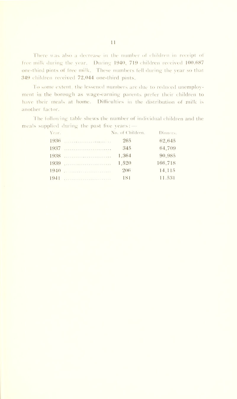 Tim e u as also a decrease in the number ol children in receipt ol tree milk during the \ car. During 1940, 719 children received 100,087 one-third pints ol Irec milk. These numbers fell during the vear so that 349 children received 72,044 one-third pints. To some extent the lessened numbers arc due to reduced unemploy- ment in the borough as wage-earning parents prefer their children to have their meals at home. Difficulties in the distribution of milk is another factor. I he following table shews the number of individual children and the meals supplied during the past five years: No. of < 'hildi en. I Vinners. 265 345 1,364 1,520 206 181 62,645 64,709 90,985 166,718 14,115 11,531