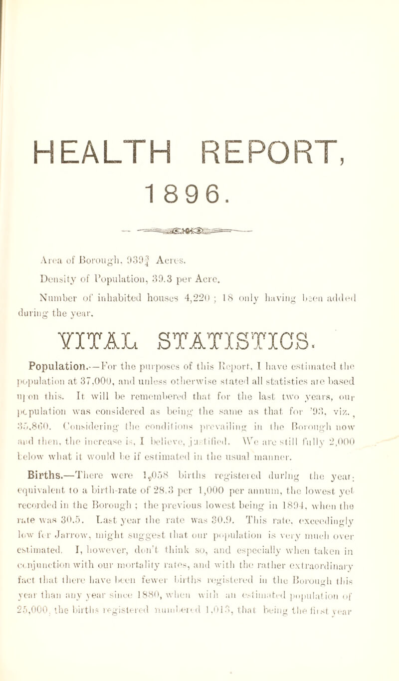 HEALTH REPORT, 1 896. Area of Borough, 939| Acres. Density of Population, 39.3 per Acre. Number of inhabited houses 4,220 ; 18 only having been added during' the year. YITAL STATISTICS. Population.—For the purposes of this Report, 1 have estimated the population at 37.000, and unless otherwise stated all statistics are based upon ibis. It will be remembered that for the last two years, our population was considered as being the same as that for ’93, viz. 35,8(10. Considering the conditions prevailing in I be Borough now and then, the increase is, I believe, justified. We are still fully 2,000 below what it would he if estimated in the usual manner. Births.—There were 1 v058 births registered during the year; equivalent to a birth-rate of 28.3 per 1,000 per annum, the lowest yet recorded in the Borough ; the previous lowest being in 1894, when tho rate was 30.5. Last year the rate was 30.9. This rate, exceedingly low fir Jarrow, might suggest that our population is very much over estimated. I, however, don’t think so, and especially when taken in conjunction with our mortality rates, and with the rather extraordinary fact that there have been fewer births registered in the Borough (Ids year Ilian any year since 1880, when with an estimated population of 25,000. the births registered numbered 1.013, that being thefiist. year