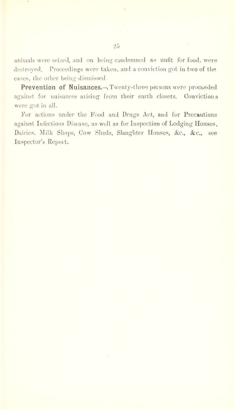animals were seized, and on being condemned as unfit for food, were destroyed. Proceedings were taken, and a conviction got in two of the cases, the other being dismissed. Prevention of Nuisances.—> Twenty-three persons were proceeded against for nuisances arising from their earth closets. Convictions were got in all. For actions under the Food and Drugs Act, ami for Precautions against Infectious Disease, as well as for Iuspection of Lodging Houses, Dairies, Milk Shops, Cow Sheds, Slaughter Houses, &c., &c., see Inspector’s Repoit.