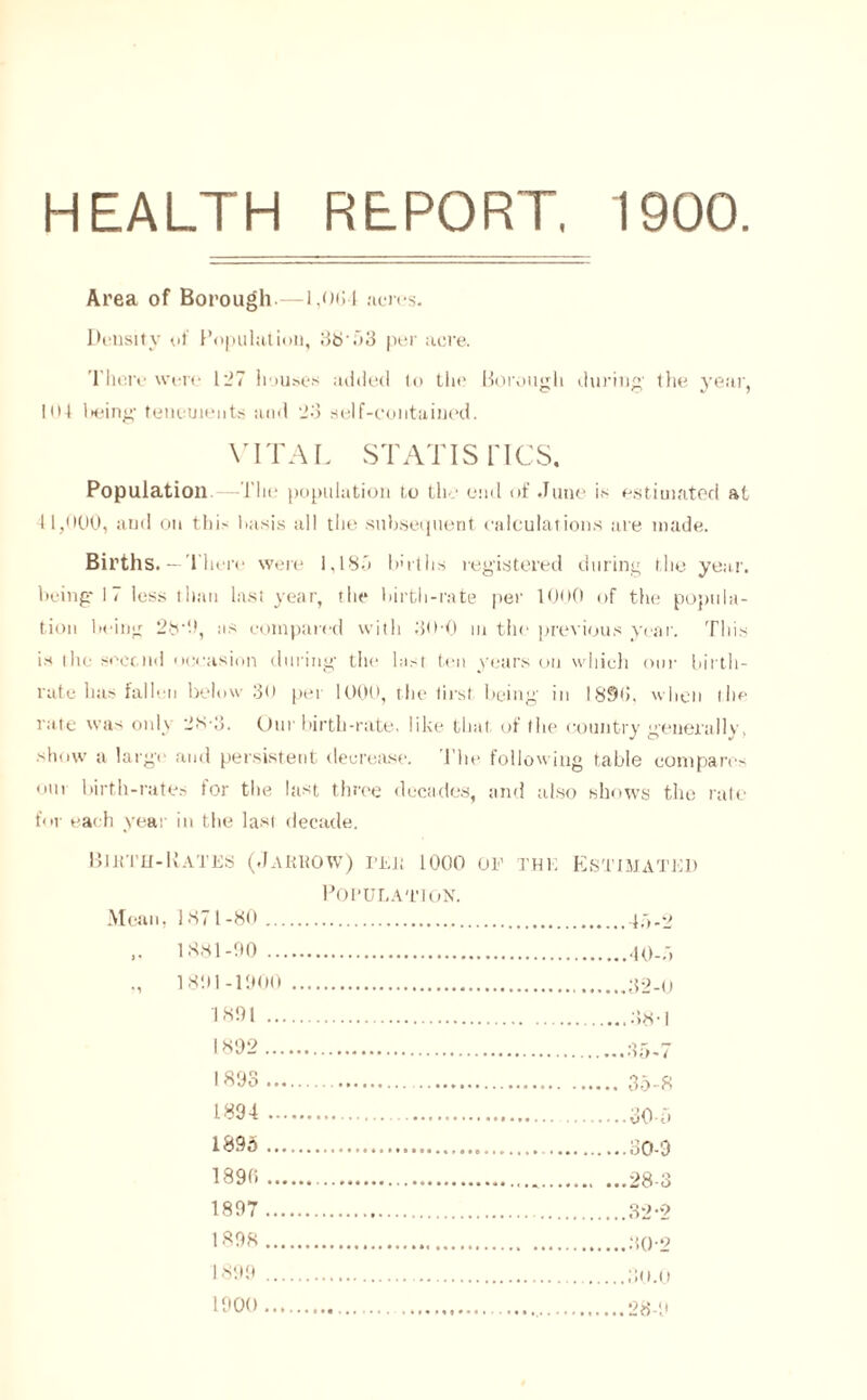 HEALTH REPORT. 1900 Area of Borough.—1,0(51 acres. Density <•! Population, 38'03 per acre. There were 127 houses added to the Borough during1 the year, DM being tenements and 23 self-contained. VITAL STATISTICS. Population -The population to the end of June is estimated at 11,000, and on the basis all the subsequent calculations are made. Births. — There were 1,18b bulbs registered during the year, being 17 less than last year, the birth-rate per lOoO of the popula- tion being 2b'9, as compared with 30-0 in the previous year. This is the second occasion during the last ten years on which our birth- rate has fallen below 30 per 1000, the first being in 189(5. when the rate was only 28■ 3. Our birth-rate, like that of the country generally, show a large and persistent decrease. The following table compares out birth-rates tor the last three decades, and also shows the rate for each year in the last decade. Bihth-Kates (.Jarrow) rut 1000 of the Estimated Population. Mean, 1 87 l -80 lb-2 1881-90 40-b 1891-1900 1891 ... 1892 ... 1893 ... 1894 .. 1896 ... 1890 ... 1897 ... 1898 ... 1899 1900 ... 32-0 38-1 35-8 30-0 30-9 28-3 32 *2 30-2 30.0 28-9