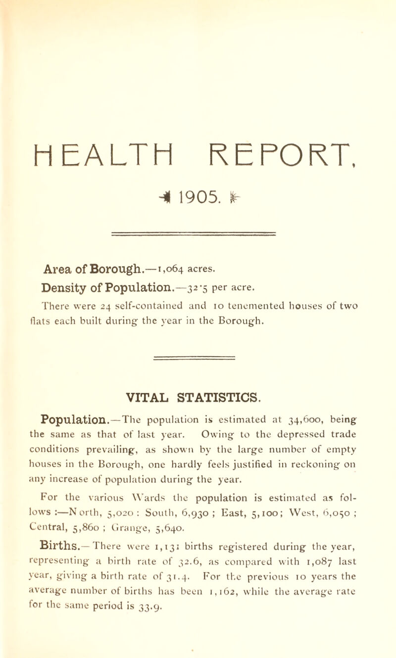 HEALTH REPORT. h| 1905. ^ Area of Borough.—1,064 acres. Density of Population.—32-5 per acre. There were 24 self-contained and 10 tenemented houses of two flats each built during the year in the Borough. VITAL STATISTICS. Population.—The population is estimated at 34,600, being the same as that of last year. Owing to the depressed trade conditions prevailing, as shown by the large number of empty houses in the Borough, one hardly feels justified in reckoning on any increase of population during the year. For the various Wards the population is estimated as fol¬ lows :—North, 5,020 : South, 6,930 ; East, 5,100; West, 6,050 ; Central, 5,860 ; Grange, 5,640. Births.— There were 1,131 births registered during the year, representing a birth rate of 32.6, as compared with 1,087 last year, giving a birth rate of 31.4. For the previous 10 years the average number of births has been 1,162, while the average rate ior the same period is 33.9.