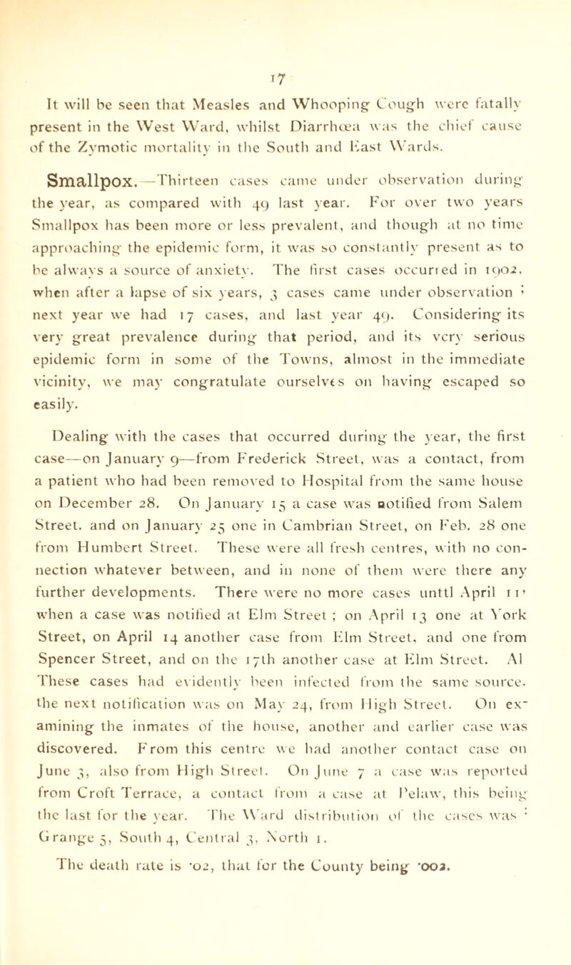 It will be seen that Measles and Whooping Lough were fatally present in the West Ward, whilst Diarrhoea was the chief cause of the Zymotic mortality in the South and Hast Wards. Smallpox. Thirteen cases came under observation during the year, as compared with 49 last t ear. For over two years Smallpox has been more or less prevalent, and though at no time approaching the epidemic form, it was so constantly present as to be always a source of anxiety. The first cases occurred in 1902. when after a lapse of six years, 3 cases came under observation : next year we had 17 cases, and last year 49. Considering its very great prevalence during that period, and its very serious epidemic form in some of the Towns, almost in the immediate vicinity, we may congratulate ourselves on having escaped so easily. Dealing with the cases that occurred during the year, the first case—on January 9—from Frederick Street, was a contact, from a patient who had been removed to Hospital from the same house on December 28. On January 15 a case was ootilied from Salem Street, and on January 25 one in Cambrian Street, on Feb. 28 one from Humbert Street. These were all fresh centres, with no con¬ nection whatever between, and in none of them were there any further developments. There were no more cases unttl April xi* when a case was notified at Elm Street ; on April 13 one at York Street, on April 14 another case from Elm Street, and one from Spencer Street, and on the 17th another case at Elm Street. A1 These cases had evidently been infected from the same source, the next notification was on May 24, from High Street. On ex* amining the inmates of the house, another and earlier case was discovered. From this centre we had another contact case on June 3, also from High Street. On June 7 a case was reported from Croft Terrace, a contact from a case at 1'elaw, this being the last for the year. The Ward distribution of the cases was : Grange 5, South 4, Central 3, North 1. The death rate is ’02, that tor the County being 'ooa.