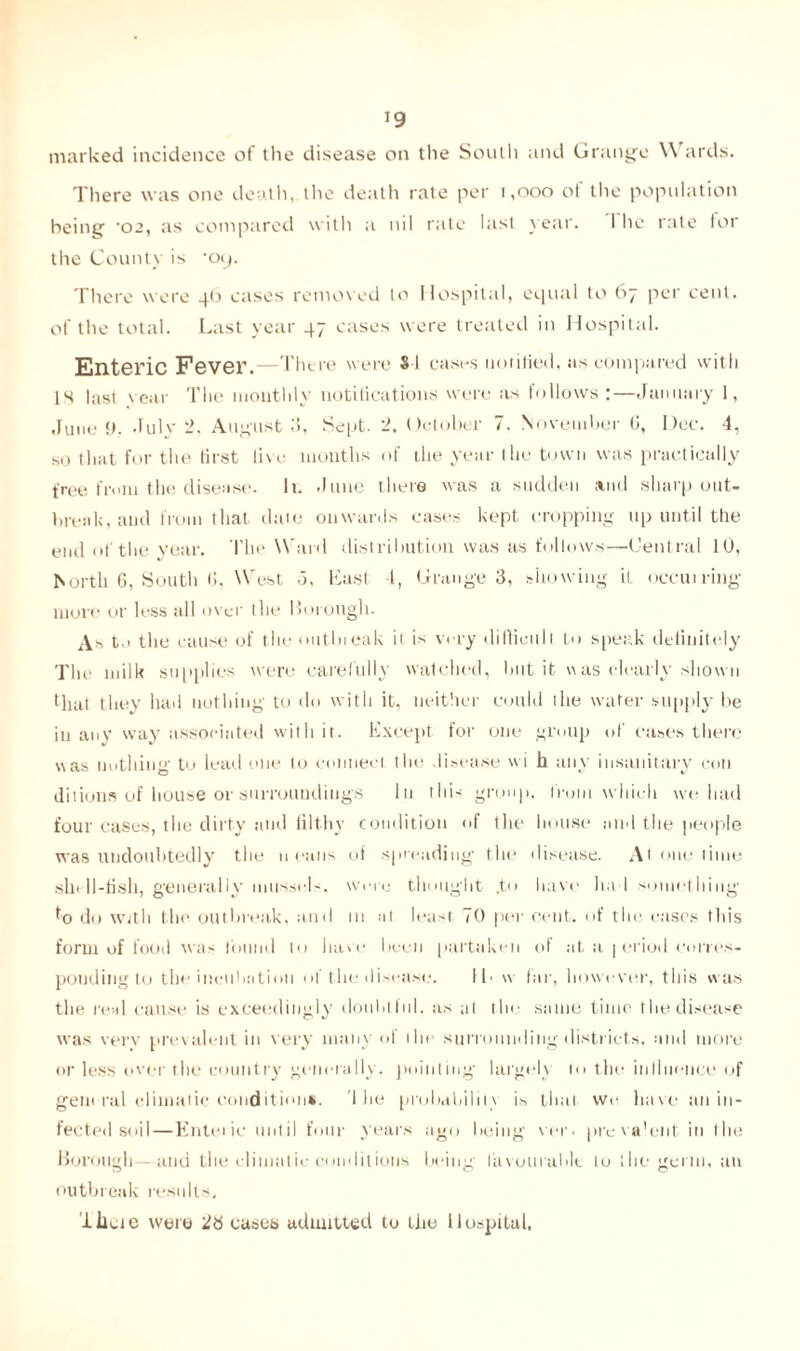 *9 marked incidence of the disease on the South and Grange Wards. There was one death, the death rate per 1,000 of the population being '02, as compared with a nil rate last year. 1 he rate for the County is -o«j. There were 46 cases removed to Hospital, equal to 67 per cent, of the total. Last year 47 cases were treated in Hospital. Enteric Fever.—There were 8 1 cases notified, as compared with is last vear The monthly notifications were as follows:—January 1, June !). July 2. August 3, Sept. 2. October 7. November (I, Dec. 4, so that for the first live months of the year the town was practically free from the disease- It. June there was a sudden and sharp out¬ break, and from that date onwards cases kept cropping up until the end of the year. The Ward distribution was as follows—Central 10, North 6, South C, West >3, Last 4, Grange 3, showing it occuiring more or less all over the Borough. to the cause of the outbieak ii is very difficult to speak definitely The milk supplies were carefully watched, but it was dearly shown that they had nothing to do with it, neither could the water supply be in any way associated with it. Except for one group of eases there was nothing to lead one to connect the disease \vi h any insanitary con dilions of house or surroundings in this group, from which we had four cases, the dirty and filthy condition of the house and the people was undoubtedly the n eans of spreading the disease. At onetime shell-fish, generally mussels, were thought .to have had something do with the outbreak, and in at least 70 per cent, of the cases this form of food was found to hare been partaken of at a | eriod corres¬ ponding to the incubation of the disease. IB w far, however, this was the real cause is exceedingly doubtlul, as at the same time the disease was very prevalent in very many of die surrounding districts, and more or less over the country generally, pointing largely to the inlhience of general climatic conditions. 1 he probability is that we have an in¬ fected soil—Enteric until four years ago being ver> pre valent in the Borough—and the climatic conditions being favourable to the germ, an outbreak results. lhue were 2b cases admitted to Lite Hospital,