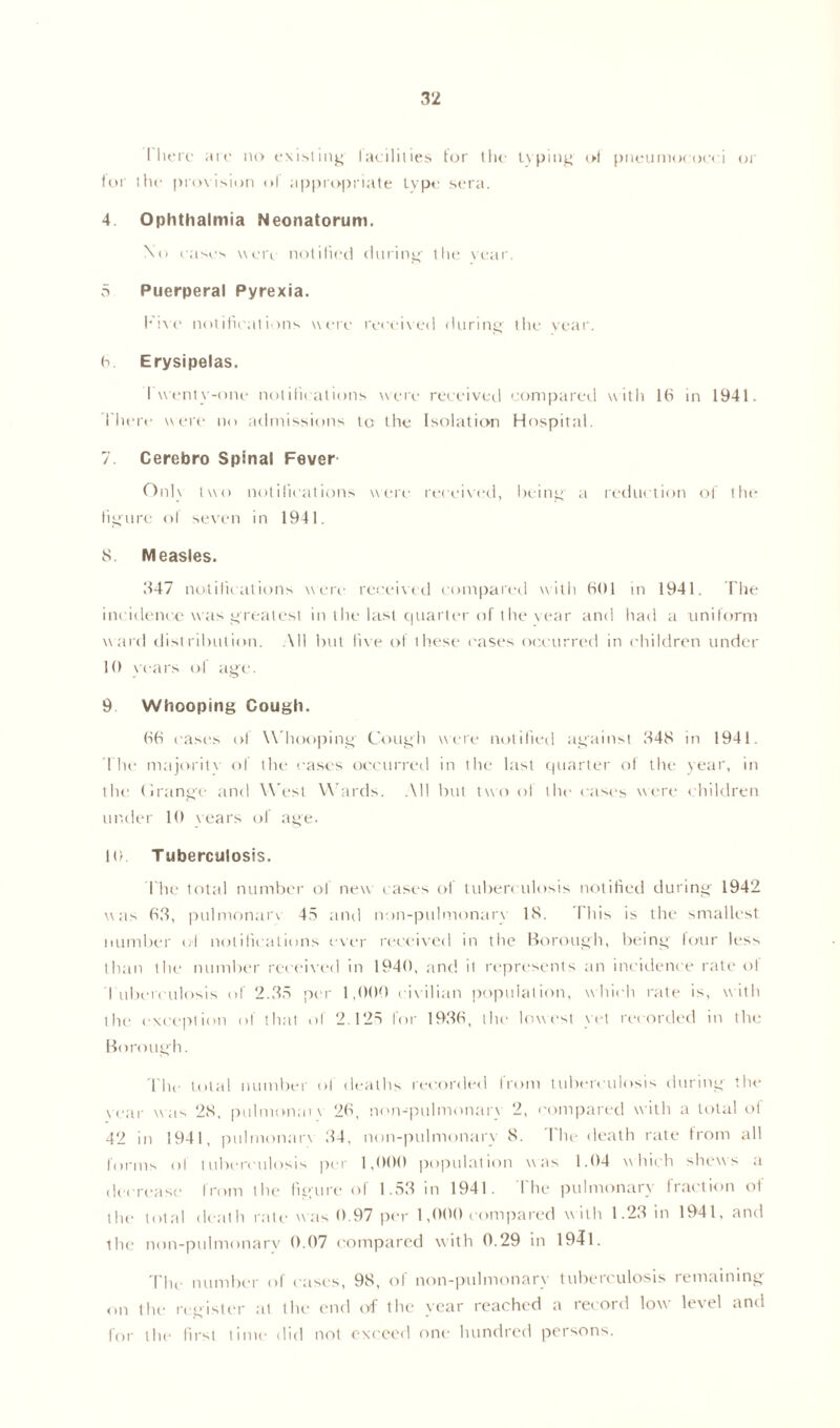 I here are no existing- lacililies tor the typing ol pneumococci or tor the provision of appropriate type sera. 4 Ophthalmia Neonatorum. No eases were notified during the vear. 5 Puerperal Pyrexia. Five notifications were received during the year. 6. Erysipelas. I wenty-one notifications were received compared with 16 in 1941. t here were no admissions to the Isolation Hospital. 7. Cerebro Spinal Fever On1\ two notifications were received, being a reduction of the figure ol seven in 1941. 8. Measles. .347 notifications were received compared with 601 in 1941. The incidence was greatest in the last quarter of the vear and had a uniform ward distribution. All but five of these cases occurred in children under 10 wears of age. 9 Whooping Cough. 66 cases of W hooping Cough were notified against 348 in 1941. The majorit\ of the case's occurred in the last quarter of the year, in the (1 range and West Wards. All but two of the cases were children under 10 years of age. 10. Tuberculosis. I'he total number of new cases of tuberculosis notified during 1942 was 63, pulmonarv 45 and non-pulmonary 18. This is the smallest number of notifications ever received in the Borough, being four less than the number received in 1940, and it represents an incidence rateol Tuberculosis of 2.35 per 1,000 civilian population, which rate is, with the exception of that ol 2.125 for 1936, the1 lowest yet recorded in the Borough. The total number ol deaths recorded from tuberculosis during the vear was 28, pulmonmv 26, non-pulmonary 2, compared with a total ol 42 in 1941, pulmonarv 34, non-pulmonary 8. The death rate from all forms of tuberculosis per 1,000 population was 1.04 which shews a decrease from the figure of 1.53 in 1941. The pulmonary fraction of the total death rate was 0.97 per 1,000 compared with 1.23 in 1941, and the non-pulmonarv 0.07 compared with 0.29 in 194l. The number of cases, 98, of non-pulmonary tuberculosis remaining <in the register at the end of the year reached a record low^ level and for the first time did not exceed one hundred persons.