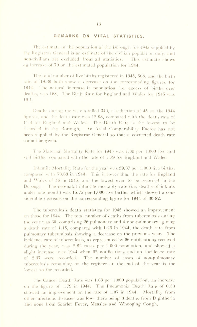 1 he ('^llmali- ol the ijopiilaliuii ol llir Hoioui^h lor i;^)4a Mi|)|)lic(| hy llU' Uroisirar (uncial is an estimate ol ilu- i i\i!ian |)o]>nlation onl\', and non-ci\ilians are rxclutled Irom all statistics. Ihis cstimati- shows an inria-ase ol 70 on the estimated jwipnlation lor 1044. 1 he total numhei'ol h\c births reoisteicd in 1945, SOS, and llie birth rate ol i9.S9 botli sliow a decrease on tile eorres|)ondini.; lionres lor 1944. I'he natural increase in |)o|Hilation, i.e. exci-ss ol births over di’aths, was IbS. I he birth Kate lor I'im^land and Wales lor 194S was 10.1. Detiths (Inline da' \cai- totalled S40, a rediiciion ol 4S on ibe 1944 tij^ni'es, .ind the death rale was 12.98, eoiiijiared with the death rate ol 11.4 lor I'.nyland and Wales. llu' l)eal!i Kate is the lowest to Ix' recorded in the Horoin.jh. .\n .\real C'omparabilit\ h'aclor has not been supplied by the Registrar (leneral so that a ('orrected death rate cannot be given. 1 he .Maleiiial .\loiialil\ Rate lor 1945 was 1.89 per 1,000 lixc and still biiths, compared with the rati* ol 1.79 lor i'ingland .'111(1 Wales. Inlantih* .Mortaliti Rati* lor the year was .S9.37 iK*r 1,000 li\'e births, comii.ned with 7.8.03 in 1944. I'his is lower than the r;it(* for Fbigland and Wales ol 40 in 1945, and the lowest e\er to be r(‘cordi*d in tin* Borongh. Tin* neo-natal infantile mortaliti rate (i.e. deaths of infants under one month) was 15.75 jier 1,000 live births, which showed a con- siderable dei'tease on the corresponding figure for 1944 of 30.82. I'lu* tuberculosis death statistics for 1945 showed an improvement on those for 1944. The total number of deaths from tuberculosis during the \ear was 30, eomprising 26 jnilmonary and 4 non-pulmonary, gi\ ing' a death rate ol 1.15, compared with 1.26 in 1944, the death rate from pulmonary tuberculosis showing a decrease on the previous year. The ini'ideiK'i* rate of tuberculosis, as represented by 66 notifeations received during the year, was 2.52 cases pei' 1,000 population, and showed a slight increase oxer 1944 when 62 notiiicatioiis and an incidence ralt* of 2.37 were reiorded. Tin* numbi'r of cases ol non-pulmonary tub(*r< ulosis remaining on the register at the end of the year is the lowi*sl so f:ir recorded. The t'ancer Death Rate was 1.83 per 1,000 poinilalion, an increase on the figure of 1.79 in 1944. 'I'he Rneunionia Death Rate of 0.53 showed an improx (*menl O'U the rate ol 1.07 in 1944. .Mortalitx' from other iidectious diseases xxas loxx . there being 3 deaths from Diphtheria and none from Searlet Fever, Measles and Whooping Cough.