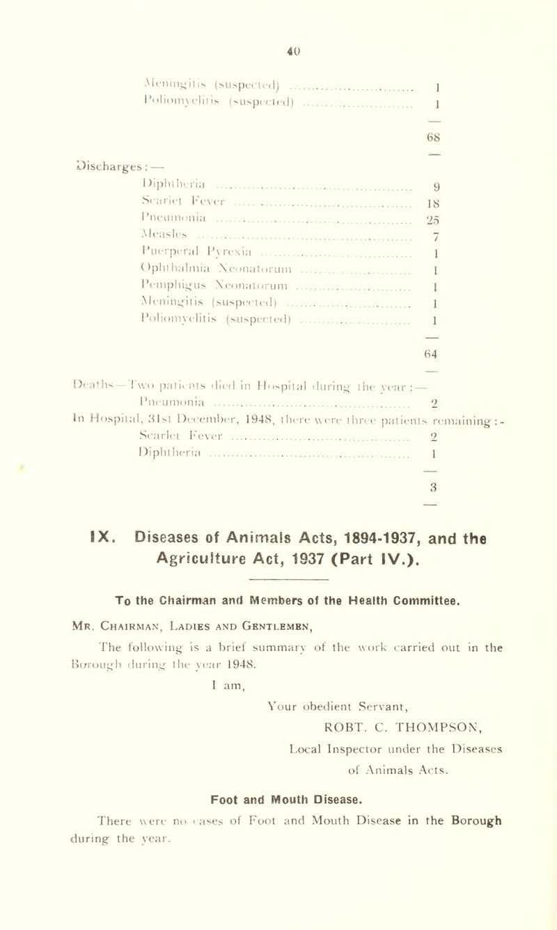 Aimingilis (suspected) ] Poliomyelitis (suspected) j 68 Discharges: — Diphtheria . 9 Scarlet Fever ...... jg i’neunionia 25 Measles 7 Puerperal Pyrexia 1 Ophthalmia Neonatorum 1 Pemphigus Neonatorum 1 Meningitis (suspected) 1 Poliomyelitis (suspected) 1 64 Deaths 1 wo patients died in Hospital during the vear : — Pneumonia 2 In Hospital, 81st December, 1948, there were three patients remaining:- Searlet Fever 2 Diphtheria 1 3 IX. Diseases of Animals Acts, 1894-1937, and the Agriculture Act, 1937 (Part IV.). To the Chairman and Members of the Health Committee. Mr. Chairman, Ladies and Gentlemen, The following is a brief summary of the work carried out in the Borough during the year 1948. 1 am, Your obedient Servant, ROBT. C. THOMPSON, Local Inspector under the Diseases of Animals Acts. Foot and Mouth Disease. There were no eases of Foot and Mouth Disease in the Borough during the year.