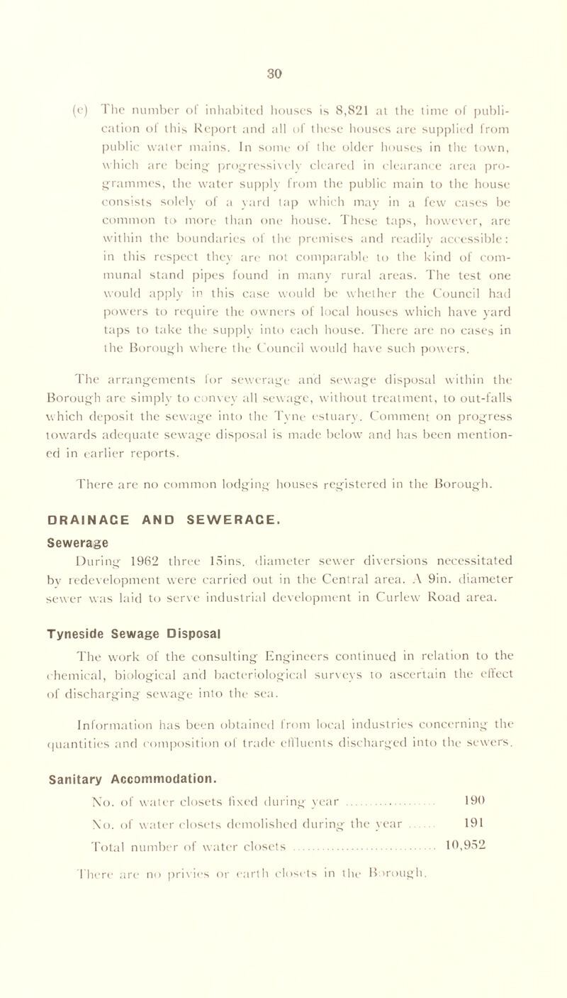 (c) The number of inhabited houses is 8,821 at the time of publi- cation ol this Report and all of these houses are supplied from public water mains. In some ol the older houses in the town, which are being- progressively cleared in clearance area pro- grammes, the water supply from the public main to the house consists solely of a yard tap which may in a few cases be common to more than one house. These taps, however, are within the boundaries of the premises tmd readily accessible: in this respect they are not comparable to the kind of com- munal stand pipes found in many rural areas. The test one would apply in this case would be whether the Council had powers to require the owners of local houses which have yard taps to take the supply into each house. There are no cases in the Borough where the Council would have such powers. The arrangements lor sewerage and sewage disposal within the Borough are simply to convey all sewage, without treatment, to out-falls which deposit the sewage into the Tyne estuary. Comment on progress towards adequate sewage disposal is made below and has been mention- ed in earlier reports. There are no common lodging houses registered in the Borough. DRAIN ACE AND SEWERACE. Sewerage During 1962 three 15ins. diameter sewer diversions necessitated by redevelopment were carried out in the Central area. A 9in. diameter sewer was laid to serve industrial development in Curlew Road area. Tyneside Sewage Disposal The work of the consulting Engineers continued in relation to the chemical, biological and bacteriological surveys to ascertain the effect of discharging sewage into the sea. Information has been obtained from local industries concerning the quantities and composition of trade effluents discharged into the sewers. Sanitary Accommodation. No. of water closets fixed during year 190 No. of water closets demolished during the year 191 Total number of water closets 10,952 There are no privies or earth closets in the Borough.
