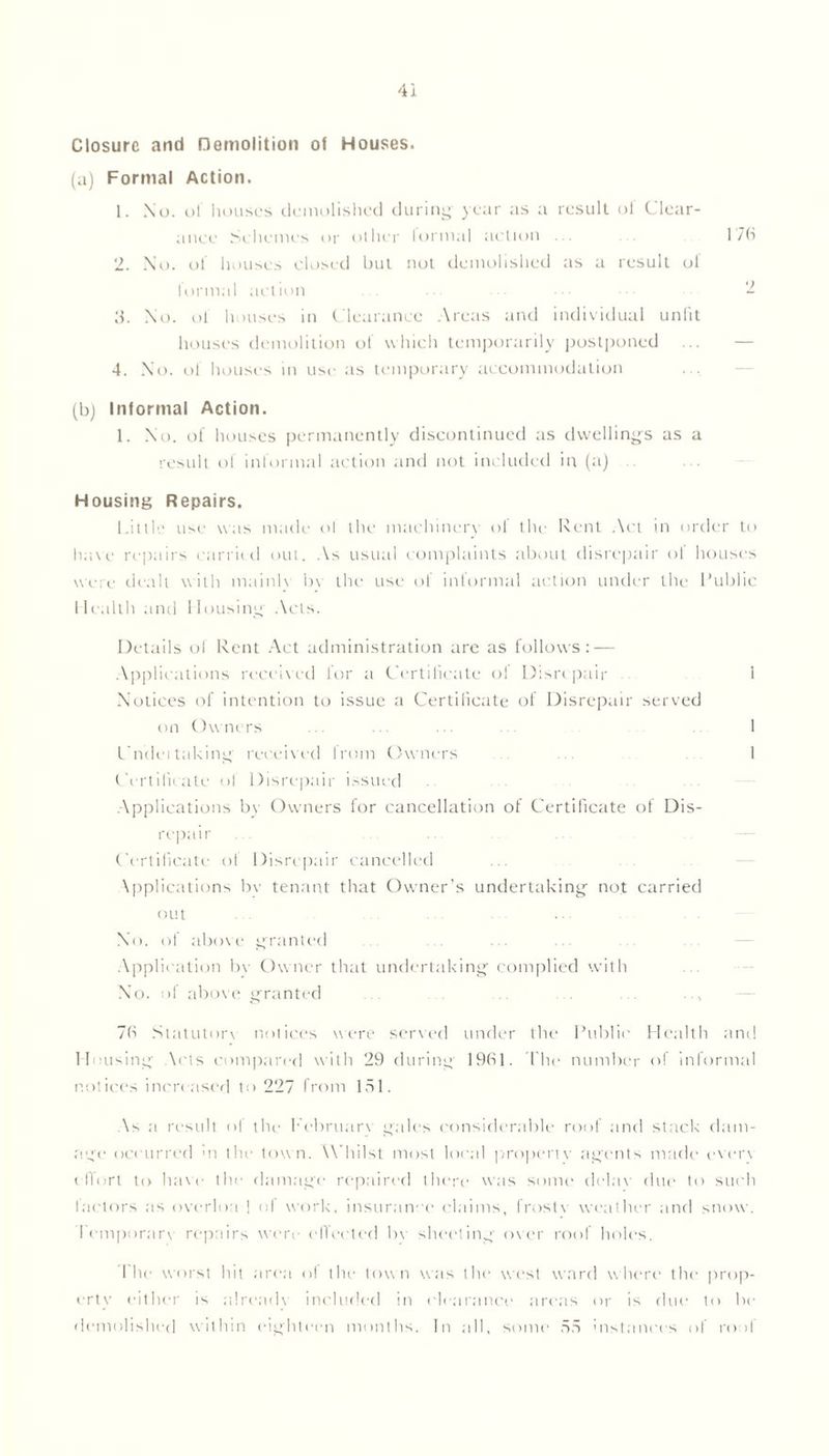 Closure and Demolition of Houses. (a) Formal Action. 1. No. ol houses demolished during' year as a result oi Clear- ance Schemes or other lormal action 176 2. No. of houses closed but not demolished as a result ol formal action ... 2 3. No. ol houses in Clearance Areas and individual unfit houses demolition of which temporarily postponed 4. No. of houses in use as temporary accommodation (b) Informal Action. 1. No. of houses permanently discontinued as dwellings as a result of informal action and not included in (a) Housing Repairs. Little use was made ol the machinery of the Rent Act in order to have repairs carried out. As usual complaints about disrepair ol houses were dealt with mainlv bv the use of informal action under the Public Health and Housing Acts. Details of Rent Act administration are as follows: — Applications received for a Certificate ol Disrepair 1 Notices of intention to issue a Certificate of Disrepair served on Owners .. . . . I I’ndei taking' received from Owners 1 Certificate ol Disrepair issued Applications by Owners for cancellation of Certificate of Dis- repair Certificate of Disrepair cancelled \pplications bv tenant that Owner’s undertaking not carried out No. of above granted Application bv Owner that undertaking complied with No. of above granted 76 Statutory notices were served under the Public Health and Housing Acts compared with 29 during 1961. The number of informal notices increased to 227 from 151. As a result of the February gales considerable roof and stack dam- age occurred m the town. Whilst most local property agents made every Dlort to have the damage repaired there yvas some delay due to such factors as overloa 1 of yvork, insurance claims, frosty weather and snoyv. Temporary repairs yvere effected bv sheeting over roof holes. The yvorst hit area of the toyvn was the west ward where the prop- erty either is already included in clearance areas or is due to be demolished within eighteen months. In all. some 55 instances of roof