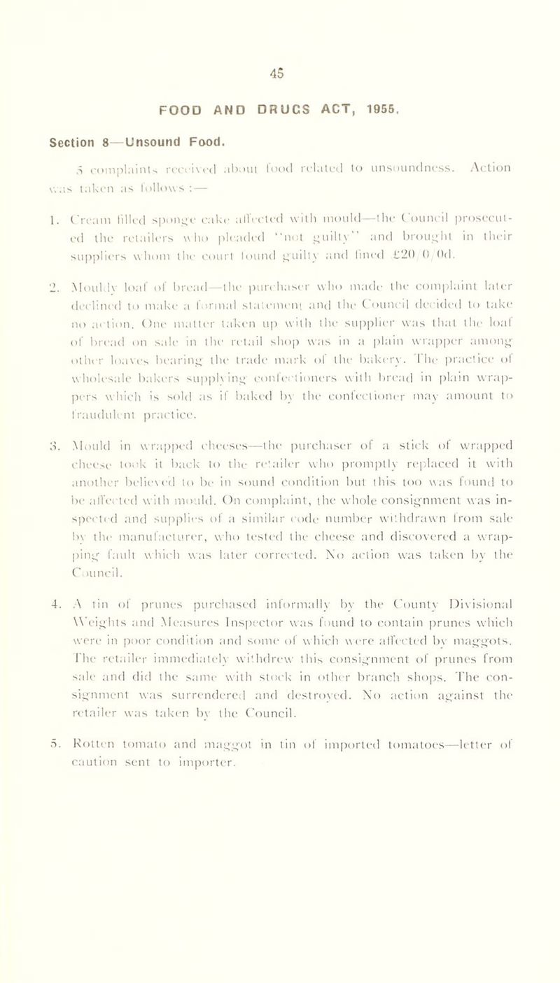 FOOD AND DRUCS ACT, 1955. Section 8—Unsound Food. complaints received about tood ri'lated to unsoundness. Action was taken as lollows : — 1. Cream tilled sponge cake alfected with mould—the Council prosecut- ed the retailers who pleaded “not guilty” and brought in their suppliers whom the court found guilty and lined £20 0 0d. 2. Mouldv loaf of bread -the- purchaser who made the complaint later declined to make a formal statement and the Council decided to take no action. One matter taken up with the supplier was that the loaf of bread on sale in the retail shop was in a plain wrapper among other loaves bearing the trade mark ol the bakery. 1 he practice of wholesale bakers supplying confectioners with bread in plain wrap- pers which is sold as it baked bv the confectioner may amount to fraudulent practice. 3. Mould in wrapped cheeses—the purchaser of a stick of wrapped cheese took it back to the retailer who promptly replaced it with another believed to be in sound condition but this too was found to be affected with mould. On complaint, the whole consignment was in- spected and supplies of a similar code number withdrawn from sale !>\ the manufacturer, who tested the cheese and discovered a wrap- ping fault which was later corrected. No action was taken by the Council. 4. A tin of prunes purchased informallv bv the County Divisional W eights and Measures Inspector was found to contain prunes which were in poor condition and some ol which were affected bv maggots. The retailer immediately withdrew this consignment of prunes from sale and did the same with stock in other branch shops. The con- signment was surrendered and destroved. No action against the retailer was taken bv the Council. 5. Rotten tomato and maggot in tin of imported tomatoes—letter of caution sent to importer.