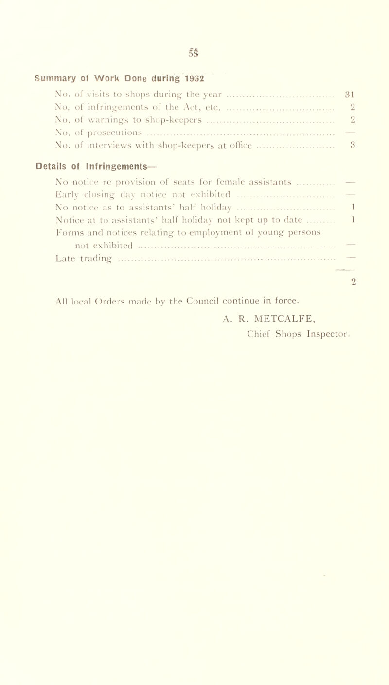 Summary of Work Done during 1932 No. of visits to shops during the year 31 No. of infringements of the Act, etc. 2 No. of warnings to shop-keepers 2 No. of prosecutions — No. of interviews with shop-keepers at office 3 Details of Infringements— No notice re provision of seats for female assistants — Early closing day notice not exhibited No notice as to assistants’ half holiday 1 Notice at to assistants’ half holiday not kept up to date 1 f orms and notices relating to employment ol young persons not exhibited Late trading All local Orders made by the Council continue in force. 2 A. R. METCALFE, Chief Shops Inspector.