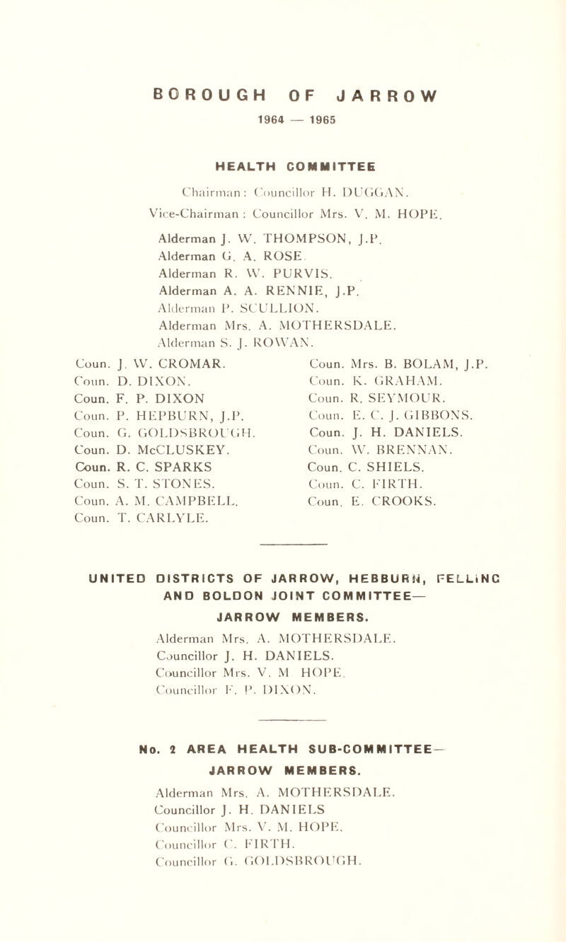 1964 — 1965 HEALTH COMMITTEE Chairman: Councillor H. DUGGAN. Vice-Chairman : Councillor Mrs. V. M. HOPE. Alderman J. W. THOMPSON, J.P. Alderman G. A. ROSE Alderman R. YV. PURVIS. Alderman A. A. RENNIE, J.P. Alderman P. SCULLION. Alderman Mrs. A. MOTHERSDALE. Alderman S. J. ROWAN. Coun. J. YV. CROMAR. Conn. D. DIXON. Coun. F. P. DIXON Coun. P. HEPBURN, J.P. Coun. G. GOLDSBROUGH. Coun. D. McCLUSKEY. Coun. R. C. SPARKS Coun. S. T. STONES. Coun. A. M. CAMPBELL. Coun. Mrs. B. BOLAM, J.P. Coun. K. GRAHAM. Coun. R. SEYMOUR. Coun. E. C. J. GIBBONS. Coun. J. H. DANIELS. Coun. YV. BRENNAN. Coun. C. SHIELS. Coun. C. FIRTH. Coun. E. CROOKS. Coun. T. CARLYLE. UNITED DISTRICTS OF JARROW, HEBBURSi, FELLiNC AND BOLDON JOINT COMMITTEE— JARROW MEMBERS. Alderman Mrs. A. MOTHERSDALE. Councillor J. H. DANIELS. Councillor Mrs. V. M HOPE. Councillor F. P. DIXON. No. 2 AREA HEALTH SUB-COMMITTEE — JARROW MEMBERS. Alderman Mrs. A. MOTHERSDALE. Councillor J. H. DANIELS Councillor Mrs. V. M. HOPE. Councillor C. FIRTH. Councillor G. GOLDSBROUGH.