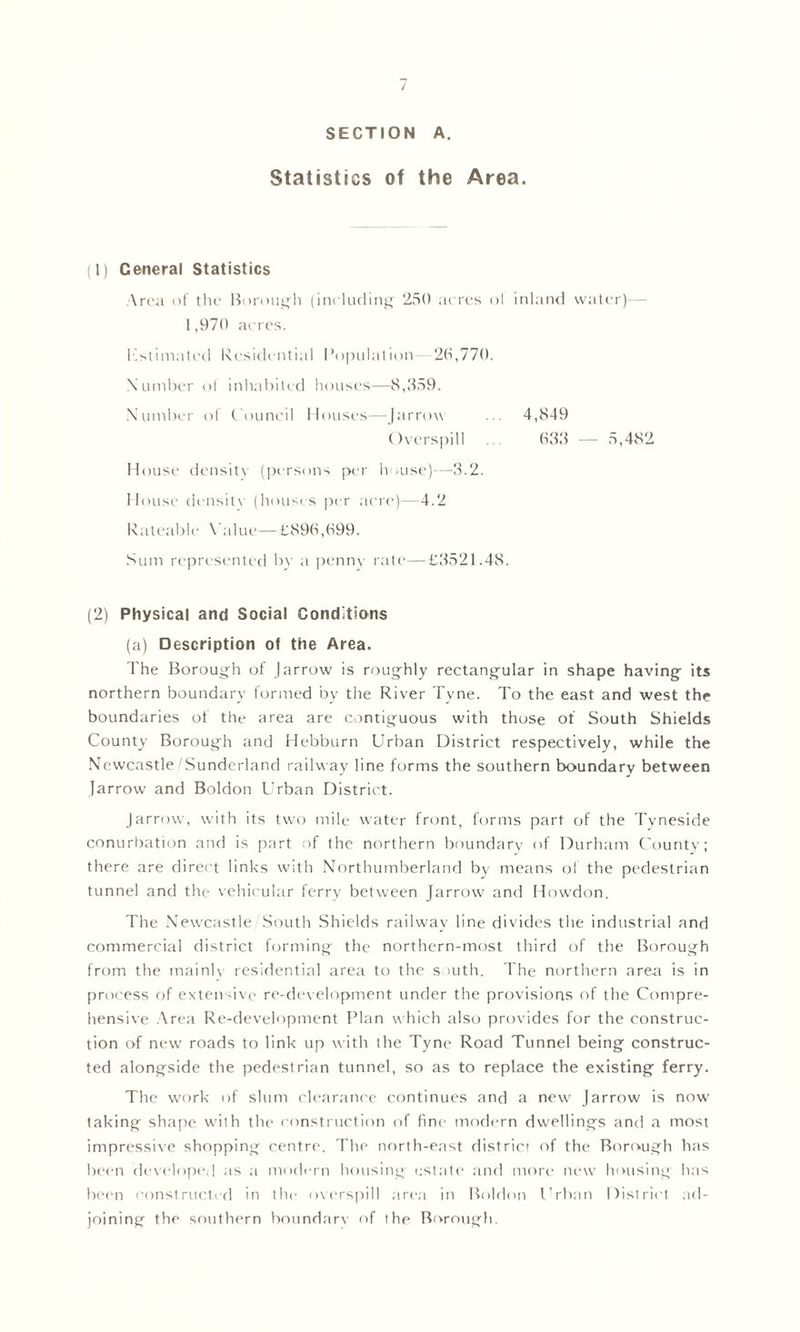 SECTION A. Statistics of the Area. (1) Ceneral Statistics Area of the Borough (including 250 acres ol inland water)— 1,970 acres. Kstimated Residential Population 26,770. Number of inhabited houses—8,359. Number of Council Houses—(arrow ... 4,849 Overspill ... 633 — 5,482 House density (persons per house)—3.2. House densitv (houses per acre)—4.2 Rateable Value—£896,699. Sum represented by a penny rate—£3521.48. (2) Physical and Social Conditions (a) Description of the Area. The Borough of Jarrow is roughly rectangular in shape having its northern boundary formed by the River Tyne. To the east and west the boundaries of the area are contiguous with those of South Shields County Borough and Hebburn Urban District respectively, while the Newcastle'Sunderland railway line forms the southern boundary between (arrow and Boldon Urban District. J arrow, with its two mile water front, forms part of the Tyneside conurbation and is part of the northern boundary of Durham County; there are direct links with Northumberland by means of the pedestrian tunnel and the vehicular ferry between (arrow and Howrdon. The Newcastle South Shields railway line divides the industrial and commercial district forming the northern-most third of the Borough from the mainly residential area to the south. The northern area is in process of extensive re-development under the provisions of the Compre- hensive Area Re-development Plan which also provides for the construc- tion of new roads to link up with the Tyne Road Tunnel being construc- ted alongside the pedestrian tunnel, so as to replace the existing ferry. The work of slum clearance continues and a new (arrow is now taking shape with the construction of fine modern dwellings and a most impressive shopping centre. The north-east district of the Borough has been developed as a modern housing estate and more new housing has been constructed in the overspill area in Boldon Urban District ad- joining the southern boundary of the Borough.