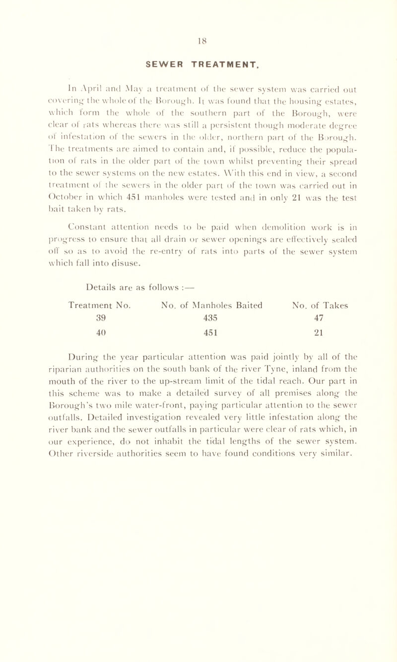 SEWER TREATMENT. In April and May a treatment of the sewer system was carried out covering the whole of the Borough. It was found that the housing estates, which form the whole of the southern part of the Borough, were clear of rats where; is there was still a persistent though moderate degree of infestation ot the sewers in the older, northern part of the Borough. 1 he treatments are aimed to contain and, if possible, reduce the popula- tion ol rats in the older part of the town whilst preventing their spread to the sewer systems on the new estates. With this end in view, a second treatment ol the sewers in the older part of the town was carried out in October in which 451 manholes were tested and in only 21 was the test bait taken by rats. Constant attention needs to be paid when demolition work is in progress to ensure that all drain or sewer openings are effectively sealed oil so as to avoid the re-entry of rats into- parts of the sewer system which fall into disuse. Details are as follows :— Treatment No. No. of Manholes Baited No. of Takes 39 435 47 40 451 21 During the year particular attention was paid jointly by all of the riparian authorities on the south bank of the river Tyne, inland from the mouth of the river to the up-stream limit of the tidal reach. Our part in this scheme was to make a detailed survey of all premises along the Borough’s two mile water-front, paying particular attention to the sewer outfalls. Detailed investigation revealed very little infestation along the river bank and the sewer outfalls in particular were clear of rats which, in our experience, do not inhabit the tidal lengths of the sewer system. Other riverside authorities seem to have found conditions very similar.