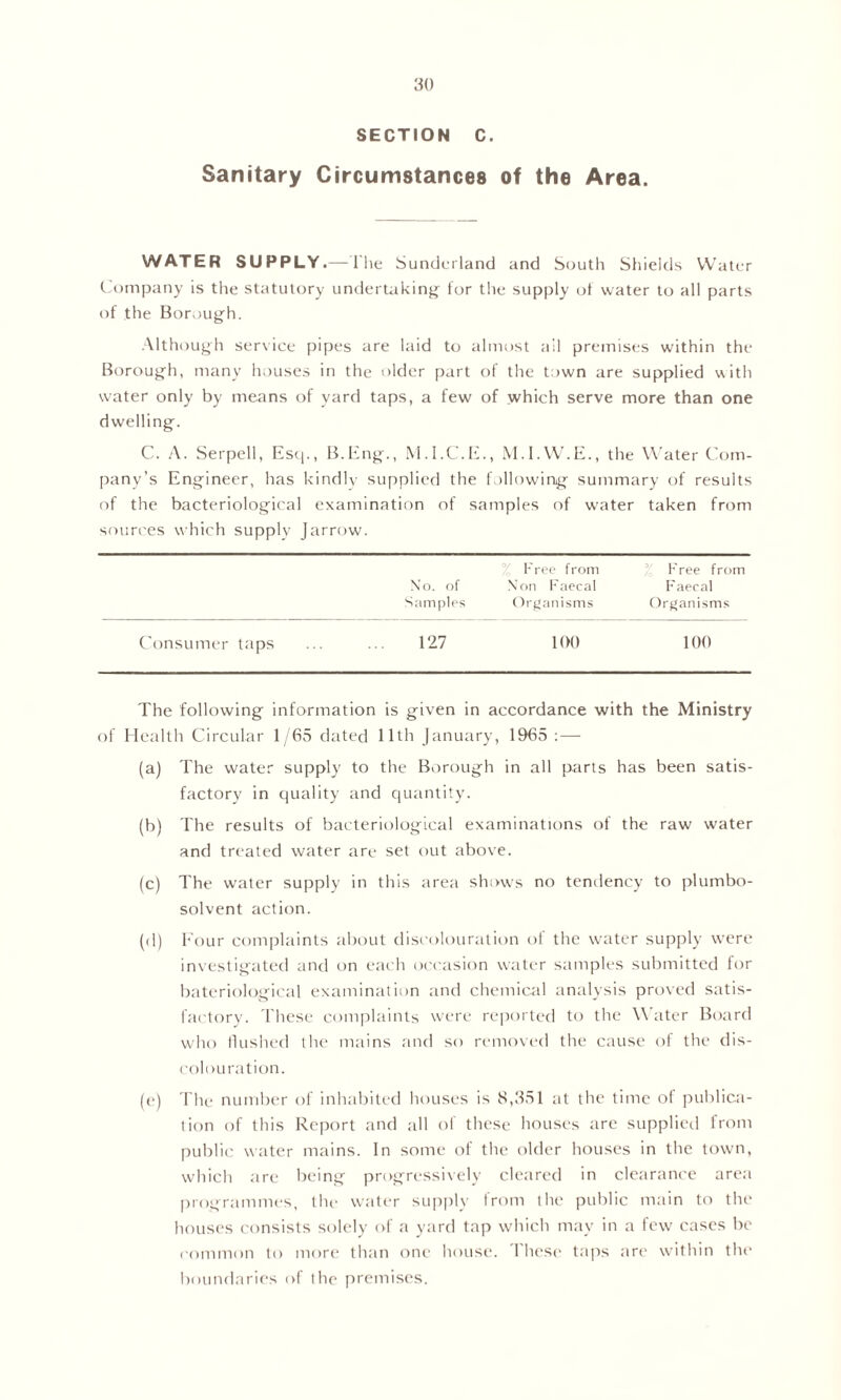 SECTION C. Sanitary Circumstances of the Area. WATER SUPPLY.—The Sunderland and South Shields Water Company is the statutory undertaking for the supply of water to all parts of the Borough. Although service pipes are laid to almost ail premises within the Borough, many houses in the older part of the town are supplied with water only by means of yard taps, a few of which serve more than one dwelling. C. A. Serpell, Esq., B.Eng., M.I.C.E., M.I.W.E., the Water Com- pany’s Engineer, has kindly supplied the following summary of results of the bacteriological examination of samples of water taken from sources which supply Jarrow. Free from Free from N o. of Non Faecal Faecal Samples Organisms Organisms Consumer taps 127 100 100 The following information is given in accordance with the Ministry of Health Circular 1/65 dated 11th January, 1965 :— (a) The water supply to the Borough in all parts has been satis- factory in quality and quantity. (b) The results of bacteriological examinations of the raw water and treated water are set out above. (c) The water supply in this area shows no tendency to plumbo- solvent action. (d) Eour complaints about discolouration of the water supply were investigated and on each occasion water samples submitted for bateriological examination and chemical analysis proved satis- factory. These complaints were reported to the Water Board who flushed the mains and so removed the cause of the dis- colouration. (e) The number of inhabited houses is 8,351 at the time of publica- tion of this Report and all of these houses are supplied from public water mains. In some of the older houses in the town, which are being progressively cleared in clearance area programmes, the water supply from the public main to the houses consists solely of a yard tap which may in a few cases be common to more than one house. These taps are within the boundaries of the premises.