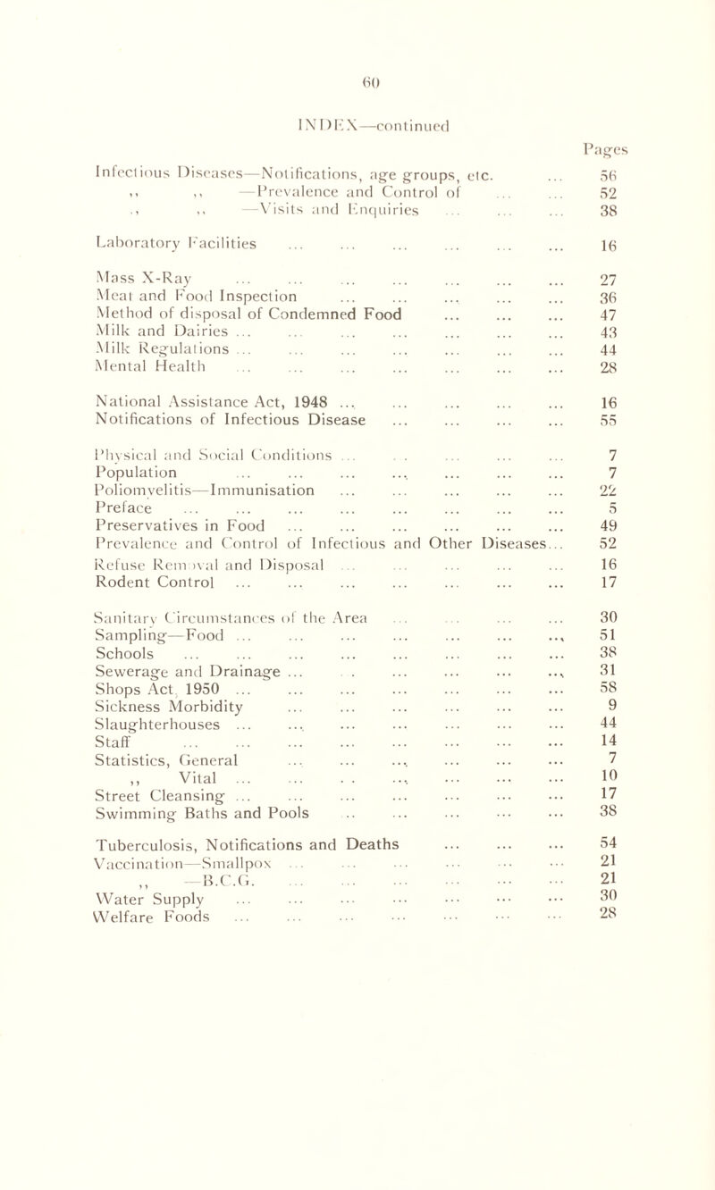 INDEX—continued Pages Infectious Diseases—Notifications, age groups, etc. ... 56 .. —Prevalence and Control of ... ... 52 ,, .. —Visits and 1'inquiries ... ... 38 Laboratory Facilities ... ... ... ... ... ... 16 Mass X-Ray ... ... ... ... ... ... ... 27 Meal and Food Inspection ... ... ... ... ... 36 Method of disposal of Condemned Food ... ... ... 47 Milk and Dairies ... ... ... ... ... ... ... 43 Milk Regulations ... ... ... ... ... ... ... 44 Mental Health ... ... ... ... ... ... ... 28 National Assistance Act, 1948 ... ... ... ... ... 16 Notifications of Infectious Disease ... ... ... ... 55 Physical and Social Conditions ... . . ... ... ... 7 Population ... ... ... .... ... ... ... 7 Poliomyelitis—Immunisation ... ... ... ... ... 22 Preface ... ... ... ... ... ... ... ... 5 Preservatives in Food ... ... ... ... ... ... 49 Prevalence and Control of Infectious and Other Diseases... 52 Refuse Removal and Disposal .. ... ... ... ... 16 Rodent Control ... ... ... ... ... ... ... 17 Sanitary Circumstances ol the Area . ... ... 30 Sampling—Food ... ... ... ... ... ... .., 51 Schools ... ... ... ... ... ... ... ... 38 Sewerage and Drainage ... . ... ... ... 31 Shops Act 1950 ... ... ... ... ... ... ... 58 Sickness Morbidity ... ... ... ... ... ... 9 Slaughterhouses ... .... ... ... ... ... ... 44 Staff 14 Statistics, General ... ... .... ... ... ... 7 ,, Vital 10 Street Cleansing ... ... ... ... ... ... ... 17 Swimming Baths and Pools .. ... ... ••• 3S Tuberculosis, Notifications and Deaths ... ... ... 54 Vaccination—Smallpox ... ... ••• ••• ••• ••• 21 Water Supply Welfare Foods