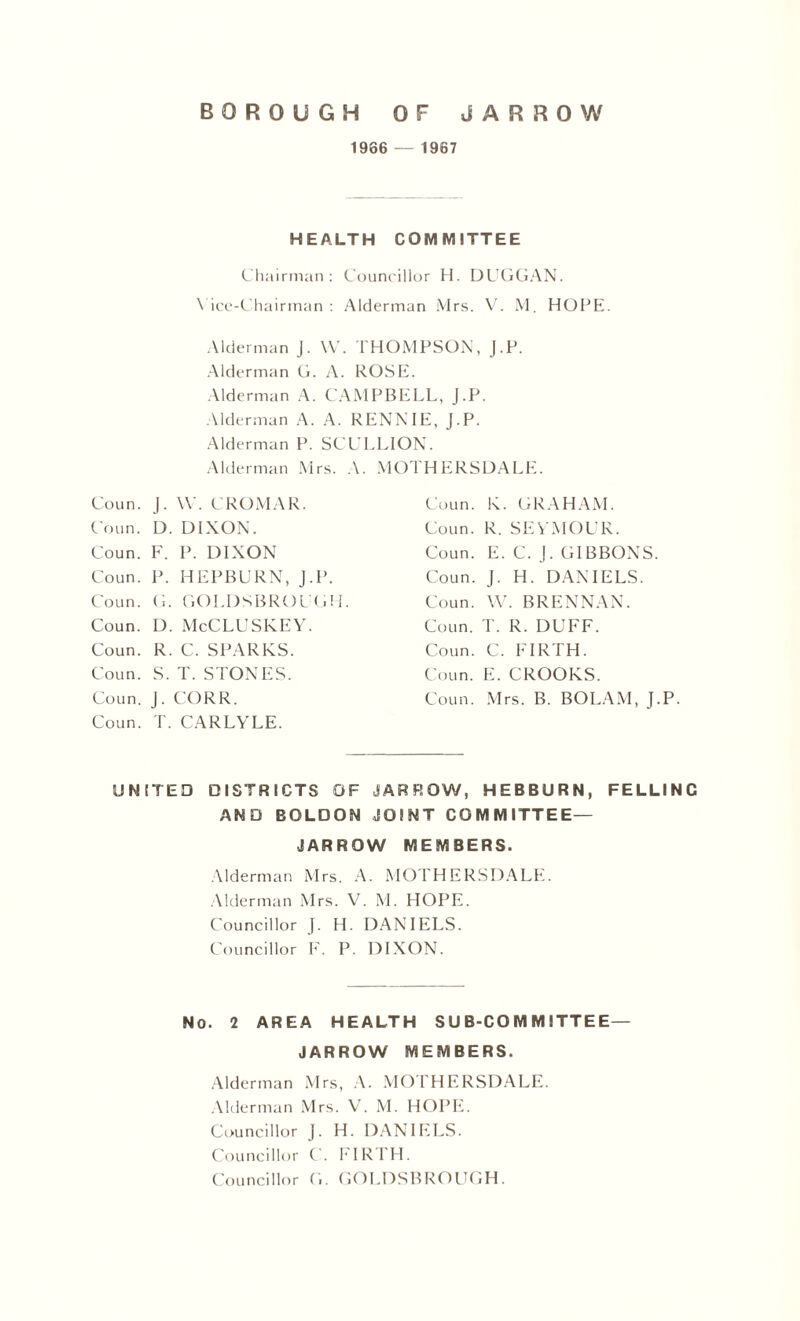 1966 — 1967 HEALTH COMMITTEE Chairman: Councillor H. DUGGAN. Vice-Chairman : Alderman Mrs. V. M. HOPE. Alderman J. W. THOMPSON, J.P. Alderman G. A. ROSE. Alderman A. CAMPBELL, J.P. Alderman A. A. RENNIE, J.P. Alderman P. SCULLION. Alderman Mrs. A. MOTHERSDALE. Coun. J. W. CROMAR. Coun. K. GRAHAM. Coun. D. DIXON. Coun. R. SEYMOUR. Coun. F. P. DIXON Coun. E. C. J. GIBBONS. Coun. P. HEPBURN, J.P. Coun. J. H. DANIELS. Coun. G. GOLDSBROUGH. Coun. \V. BRENNAN. Coun. D. McCLUSKEY. Coun. T. R. DUFF. Coun. R. C. SPARKS. Coun. C. FIRTH. Coun. S. T. STONES. Coun. E. CROOKS. Coun. J. CORR. Coun. T. CARLYLE. Coun. Mrs. B. BOLAM, J.P UNITED DISTRICTS OF JARROW, HEBBURN, FELLING AND BQLDON JOINT COMMITTEE— JARROW MEMBERS. Alderman Mrs. A. MOTHERSDALE. Alderman Mrs. V. M. HOPE. Councillor J. H. DANIELS. Councillor F. P. DIXON. No. 2 AREA HEALTH SUB-COMMITTEE— JARROW MEMBERS. Alderman Mrs, A. MOTHERSDALE. Alderman Mrs. V. M. HOPE. Councillor J. H. DANIELS. Councillor C. FIRTH. Councillor G. GOLDSBROUGH.