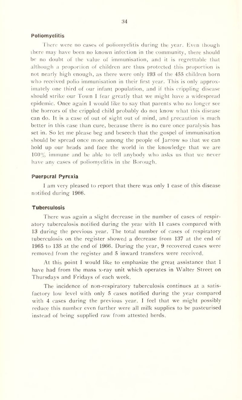 Poliomyelitis There were no cases oi poliomyelitis during the year. Even though there may have been no known infection in the community, there should be no doubt of the value of immunisation, and it is regrettable that although a proportion of children are thus protected this proportion is not nearly high enough, as there were only 193 of the 455 children born who received polio immunisation in their first year. This is only approx- imately one third of our infant population, and it this crippling disease should strike our Town I fear greatly that we might have a widespread epidemic. Once again I would like to say that parents who no longer see the horrors of the crippled child probably do not know what this disease can do. It is a case of out of sight out of mind, and precaution is much better in this case than cure, because there is no cure once paralysis has set in. So let me please beg and beseech that the gospel of immunisation should be spread once more among the people of Jarrow so that we can hold up our heads and face the world in the knowledge that we are 100% immune and be able to tell anybody who asks us that we never have anv cases of poliomyelitis in the Borough. Puerperal Pyrexia I am very pleased to report that there was only 1 case of this disease notified during 1966. Tuberculosis There was again a slight decrease in the number of cases of respir- atory tuberculosis notified during the year with 11 cases compared with 13 during the previous year. The total number of cases of respiratory tuberculosis on the register showed a decrease from 137 at the end of 1965 to' 135 at the end of 1966. During the year, 9 recovered cases were removed from the register and 5 inward transfers were received. At this point I would like to emphasize the great assistance that I have had from the mass x-ray unit which operates in Walter Street on Thursdays and Fridays of each week. The incidence of non-respiratory tuberculosis continues at a satis- factory low level with only 5 cases notified during the year compared with 4 cases during the previous year. I feel that we might possibly reduce this number even further were all milk supplies to be pasteurised instead of being supplied raw from attested herds.