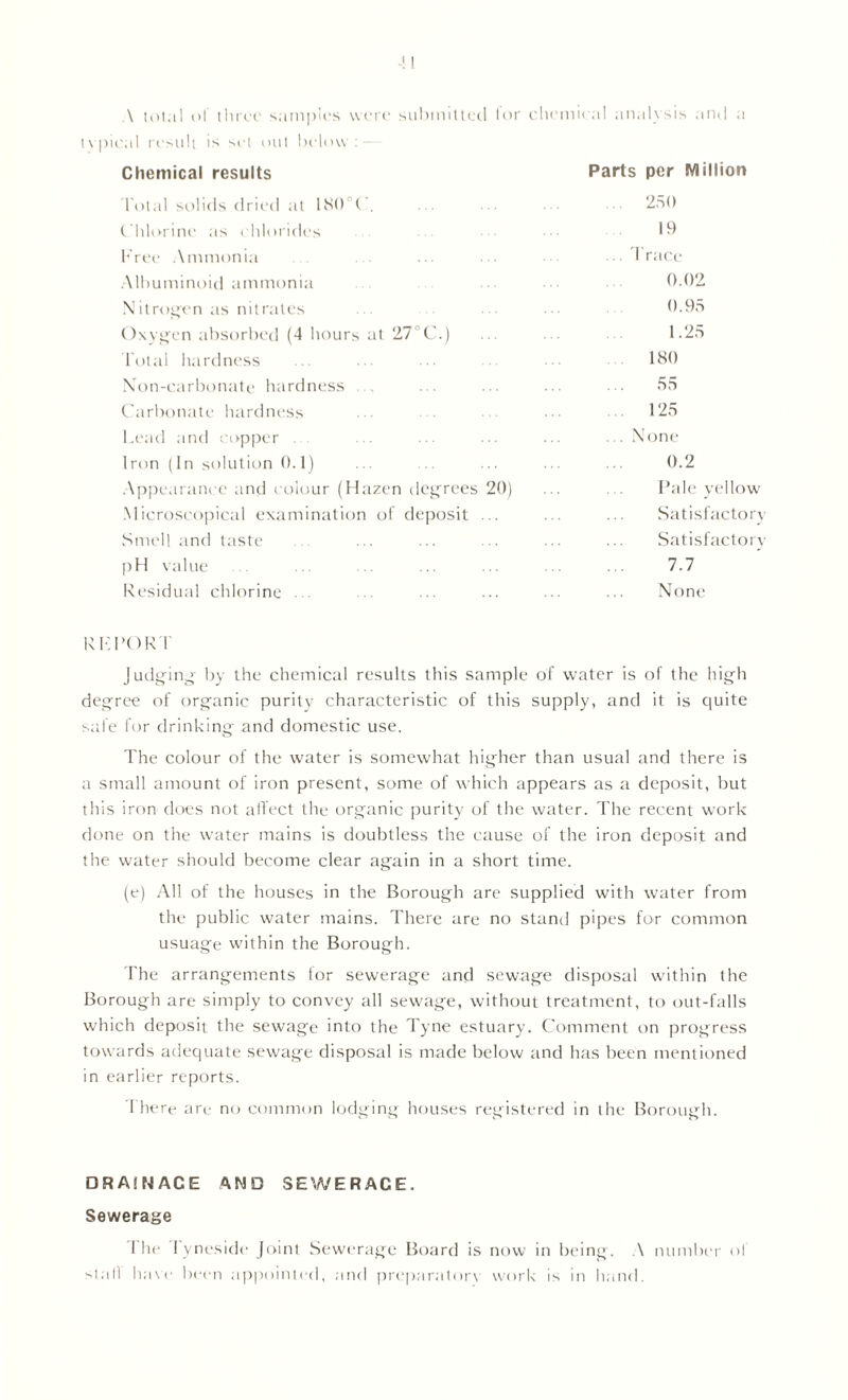 A total of three samples were submitted lor chemical analysis and a -\ ' ' 1 IIIIV' ^O I I I | IV >yi i 1 • i IVVI •al result is set out below : Chemical results Parts per Million Total solids dried at IN0°C. 250 Chlorine as chlorides 19 Tree Ammonia ... Trace Albuminoid ammonia 0.02 Nitrogen as nitrates 0.95 Oxygen absorbed (4 hours at 27°C.) 1.25 Total hardness 180 Non-carbonate hardness .., 55 Carbonate hardness 125 Lead and copper ... None Iron (In solution 0.1) 0.2 Appearance and colour (Hazen degrees 20) Pale yellow Microscopical examination of deposit ... Satisfactory Smell and taste Satisfactory pH value 7.7 Residual chlorine ... None RETORT Judging by the chemical results this sample of water is of the high degree of organic purity characteristic of this supply, and it is quite safe for drinking and domestic use. The colour of the water is somewhat higher than usual and there is a small amount of iron present, some of which appears as a deposit, but this iron does not affect the organic purity of the water. The recent work done on the water mains is doubtless the cause of the iron deposit and the water should become clear again in a short time. (e) All of the houses in the Borough are supplied with water from the public water mains. There are no stand pipes for common usuage within the Borough. The arrangements for sewerage and sewage disposal within the Borough are simply to convey all sewage, without treatment, to out-falls which deposit the sewage into the Tyne estuary. Comment on progress towards adequate sewage disposal is made below and has been mentioned in earlier reports. There are no common lodging houses registered in the Borough. DRAINACE AND SEWERAGE. Sewerage I he lyneside Joint Sewerage Board is now in being. A number of stall have been appointed, and preparatory work is in hand.
