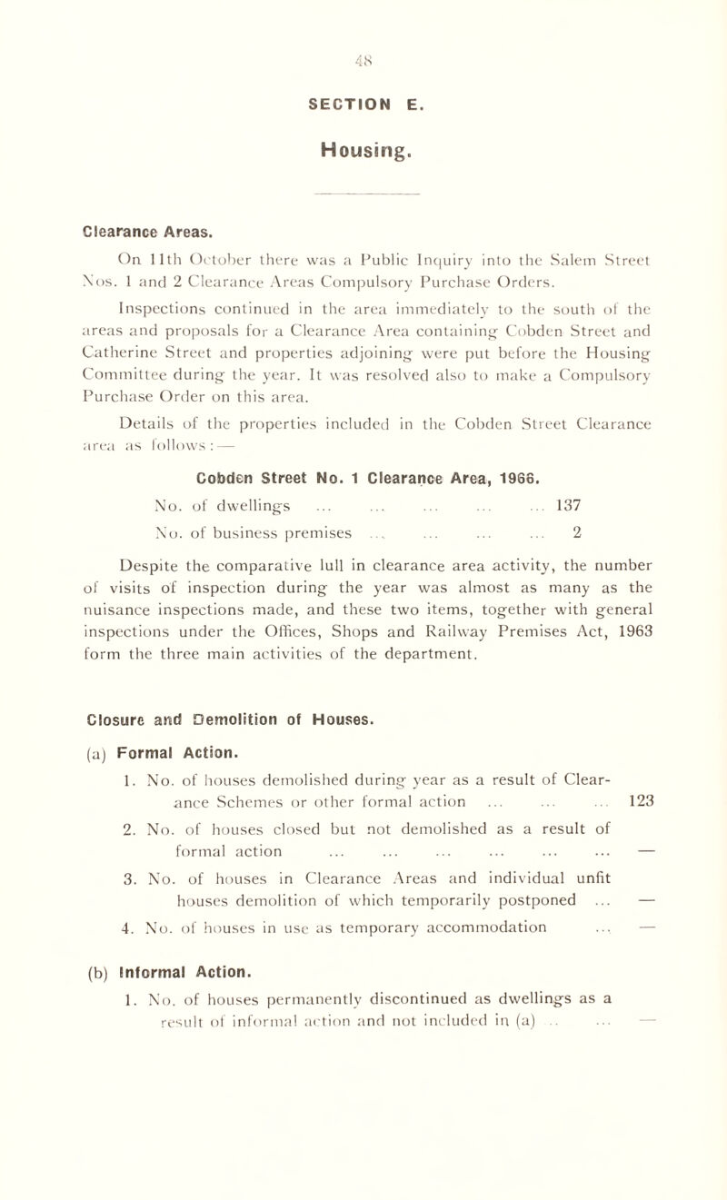 SECTION E. Housing. Clearance Areas. On 11th October there was a Public Inquiry into the Salem Street Nos. 1 and 2 Clearance Areas Compulsory Purchase Orders. Inspections continued in the area immediately to the south of the areas and proposals for a Clearance Area containing Cobden Street and Catherine Street and properties adjoining were put before the Housing Committee during the year. It was resolved also to make a Compulsory Purchase Order on this area. Details of the properties included in the Cobden Street Clearance area as follows: — Cobden Street No. 1 Clearance Area, 1968. No. of dwellings ... ... ... .. ... 137 No. of business premises ... ... ... 2 Despite the comparative lull in clearance area activity, the number of visits of inspection during the year was almost as many as the nuisance inspections made, and these two items, together with general inspections under the Offices, Shops and Railway Premises Act, 1963 form the three main activities of the department. Closure and Demolition of Houses. (a) Formal Action. 1. No. of houses demolished during year as a result of Clear- ance Schemes or other formal action ... ... . 123 2. No. of houses closed but not demolished as a result of formal action ... ... ... ... ... ... — 3. No. of houses in Clearance Areas and individual unfit houses demolition of which temporarily postponed ... — 4. No. of houses in use as temporary accommodation (b) Informal Action. 1. No. of houses permanently discontinued as dwellings as a result of informal action and not included in (a)