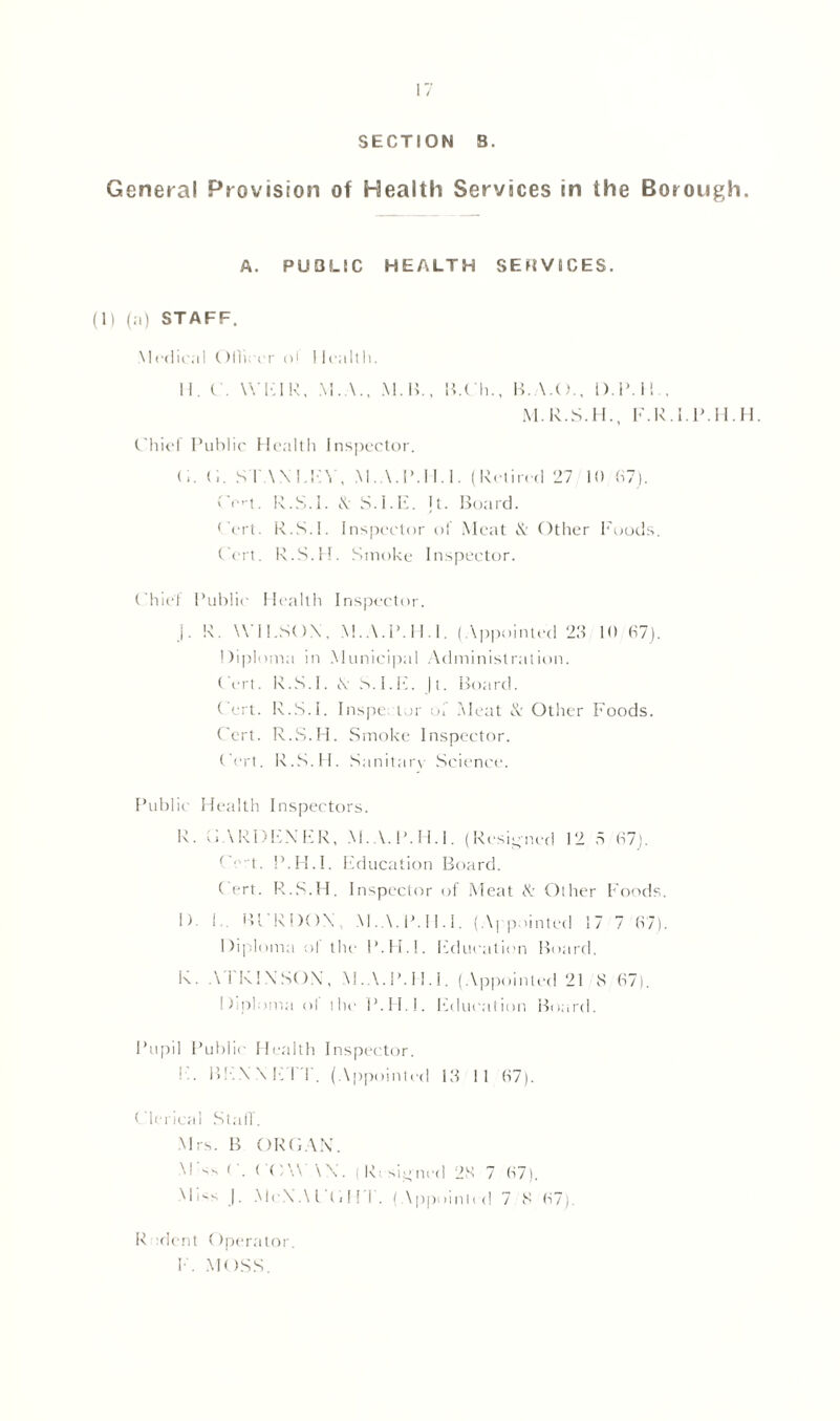 SECTION B. General Provision of Health Services in the Borough. A. PUBLIC HEALTH SERVICES. (1) (;i) STAFF. Medical Ollieer o! 11 ealth. II. ( . WKIR, M. \ .. M.B., B.Ch., B.A.O., D.1MI . M.R.S.H., F.R.LP.H.H. Chief Public Health Inspector. (i. (i. ST \NLKY, M.A.P.1I. I. (Retired 27 10 07). > e’t. R.S.I. \ S.I.E. |t. Board. Cert. R.S.I. Inspector of Meat & Other Foods. Cert. R.S.H. Smoke Inspector. Chief Public Health Inspector. j. R. WILSON. M.A.P.H.I. (Appointed 23 10 67). Diploma in Municipal Administration. ( ert. R.S.I. N S.I.F. |t. Board. Cert. R.S.I. Inspe lor of Meat & Other Foods. Cert. R.S.H. Smoke Inspector. Cert. R.S.H. Sanitary Science. Public Health Inspectors. R. CARD FA FR, M.A.P.H.I. (Resigned 12 5 07). C t. P.H.I. Education Board. C ert. R.S.H. Inspector of Meat A Other Foods. D. 1. BL KDON, M.A.P.H.I. (Appointed 17 7 07). Diploma ol the P.H.I. Education Board. I\. AlklNSON, M.A.P.H.I. (Appointed 21 S 67). I >ip!oma ol the P.H.I. Education Board. Pupil Public Health Inspector. E. BEN N E I T. (Appointed 13 1 1 07). Clerical Staff. Mrs. B ORGAN. •M ss ( . ( CM \\. ( K signed 23 7 07). Miss |. Mc.N A l 111! i . (A ppoi nt cd 7 S 07) R dent Operator. F. MOSS.