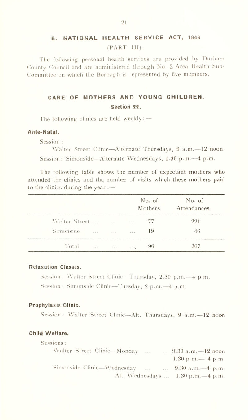 B. NATIONAL HEALTH SERVICE ACT, 1946 (PART 111). The following- personal health services are provided by Durham County Council and are administered through No. 2 Area Health Sub- Committee on which the Borough is icpresented by five members. CARE OF MOTHERS AND YOUNC CHILDREN. Section 22. The following clinics are held weekly: — Ante-Natal. Session : Walter Street Clinic—Alternate Thursdays, 9 a.m.—12 noon. Session: Simonside—Alternate Wednesdays, 1.30 p.m.—4 p.m. The following table shows the number of expectant mothers who attended the clinics and the number of visits which these mothers paid to the clinics during the year :— No. of No. of Mothers Attendances Walter St reet 77 221 Simonside 19 46 Total 96 267 Relaxation Classes. Session: Waiter Street Clinic—Thursday, 2.30 p.m.—4 p.m. Session : Simonside Clinic—Tuesday, 2 p.m.—4 p.m. Prophylaxis Clinic. Session : Walter Street Clinic—Alt. Thursdays, 9 a.m.—12 noon Child Welfare. Sessions : 12 noon 4 p.m. -4 p.m. —4 p.m. alter Street Clinic—Monday 9.30 a.m.— 1.30 p.m.— Simonside Clinic—Wednesday 9.30 a.m.— Alt. Wednesdays 1.30 p.m.—