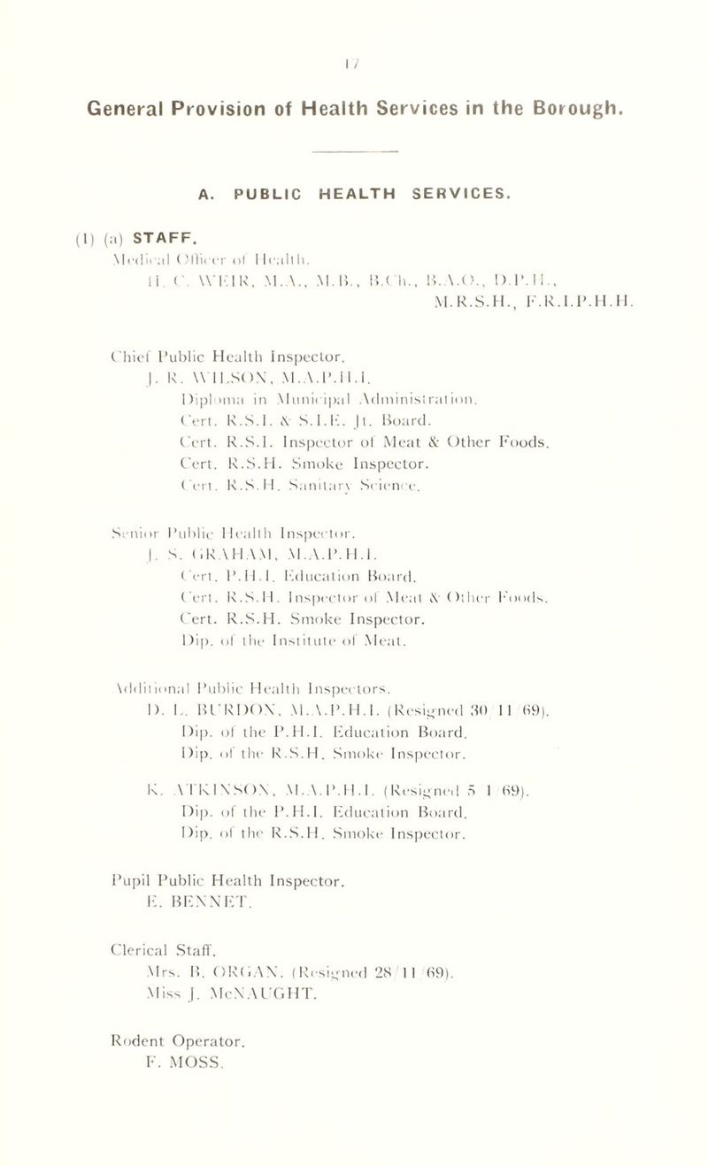 A. PUBLIC HEALTH SERVICES. (1) (a) STAFF. Medical (Mlieer <>i I leallli. 11 C WEIR, M.A., M.B., B.Ch., B.A.O., D.1M1.. M.R.S.H., F.R.I.P.H.H. C hief Public Health Inspector. J. R. WILSON, M.A.1MI.1. Diploma in Municipal Administration. Cert. R.S.I. X S.I.E. |t. Board. Cert. R.S.I. Inspector ot Meat & Other Foods. Cert. R.S.H. Smoke Inspector. Cert. R.S.H. Sanitar\ Science. Senior Public Health Inspector. |. S. GRAHAM, M.A.P.H.I. Cert. P.H.l. education Board. Cert. R.S.H. Inspector ol Meat X’ Other hoods. Cert. R.S.H. Smoke Inspector. Dip. ol the Institute ol Meat. \dditional Public Health Inspectors. I). I BL’RDOX, M.A.P.H.I. (Resigned 30 11 69). Dip. ol the P.H.l. Education Board. Dip. ol the R.S.H. Smoke Inspector. K. \TKI\SO.\, M.A.P.H.I. (Resigned 5 1 69). Dip. of the P.H.l. Education Board. Dip. ol the R.S.H. Smoke Inspector. Pupil Public Health Inspector. E. BEN NET. Clerical Staff. Mrs. B. ORGAN. (Resigned 28 1 1 69). Miss J. McNAUGHT. Rodent Operator. F. MOSS.