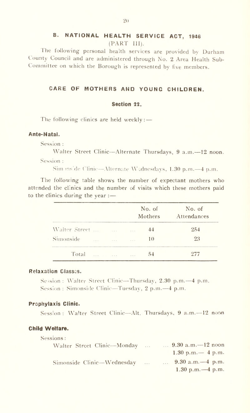 B. NATIONAL HEALTH SERVICE ACT, 1946 (PART III). i he following personal health services are provided bv Durham County Council and are administered through No. 2 Area Health Sub- Committee on which the Borough is represented bv five members. CARE OF MOTHERS AND YOUNG CHILDREN. Section 22. The following clinics are held weekly: — Ante-Natal. Session : Walter Street Clinic—Alternate Thursdays, 9 a.m.—12 noon. Session : Sim ms dr Clime—Alternate Wednesdays, 1.30 p.m.—4 p.m. The following table shows the number of expectant mothers who attended the clinics and the number of visits which these mothers paid to the clinics during the year No. of No. of Mothers Attendances Walter Street ... 44 254 Simonside 10 23 Total 54 277 Relaxation Classes. Se-sion : Walter Street Clinic—Thursday, 2.30 p.m.—4 p.m. Session : Simonside Clinic—Tuesday, 2 p.m.—4 p.m. Prophylaxis Clinic. Session : Walter Street Clinic—Alt. Thursdays, 9 a.m.—12 noon Child Welfare. Sessions: Walter Street Clinic—Monday 9.30 a.m.—12 noon 1.30 p.m.— 4 p.m. 9.30 a.m.—4 p.m. 1.30 p.m.—4 p.m. Simonside Clinic—Wednesday