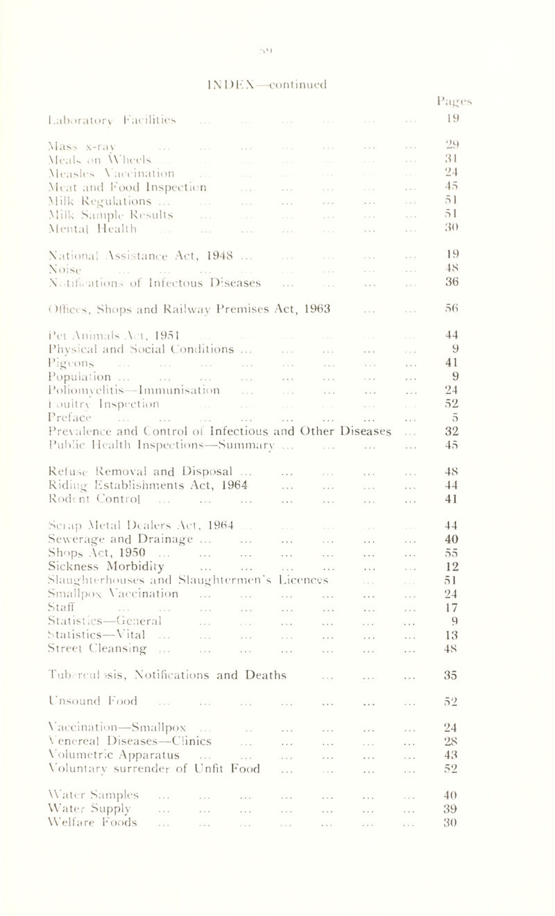 INI) F. X—continued Pages Laboratory Facilities 19 Mass x-rav ... ... -9 Meals oil \\ heels .'11 Measles \ accination 24 Meat and hood Inspection ... • •• 45 Milk Regulations ... ... ••• • •• 51 Milk Sample Results ■ 51 Mental Health ... 30 National \ssistanee Act, 1948 ... 19 Noise • • ■ 48 X..till, ations of Infectous D’seases ... ... 36 Offices, Shops and Railway Premises Act, 1963 ... 56 i’el Animals A i, 1951 44 Physical and Social Conditions ... . ... ... . 9 Pigeons ■■ 41 Population ... ... ... ... ... 9 Poliomyelitis Immunisation ... ... ... ... 24 ! oultr\ Inspection 52 Preface .. ... .. ... ... ... ... ... 5 Prevalence and Control of Infectious and Other Diseases ... 32 Public Health Inspections—Summary ... ... ... 45 Refuse Removal and Disposal . ... . ... ... 48 Riding Establishments Act, 1964 ... ... ... ... 44 Rodent Control . ... ... ... ... ... ... 41 Sciap Metal Dealers Act, 1964 44 Sewerage and Drainage ... ... ... ... ... ... 40 Shops Act, 1950 ... ... ... ... ... ... ... 55 Sickness Morbidity ... ... ... ... ... 12 Slaughterhouses and Slaughtermen's Licences 51 Smallpox Vaccination ... ... ... ... ... ... 24 Staff 17 Statistics—General ... ... ... ... ... ... 9 Statistics—-Vital .. ... . ... ... . . 13 Street Cleansing ... ... ... ... ... ... ... 48 Tub rcul >sis, Notifications and Deaths ... ... ... 35 Unsound Pood ... ... ... ... ... ... ... 52 Vaccination—Smallpox ... .. ... ... ... ... 24 Venereal Diseases—Clinics ... ... ... ... ... 28 Volumetric Apparatus ... ... ... ... ... ... 43 Voluntary surrender of Unfit Food ... ... ... ... 52 W ater Samples ... ... ... ... ... ... ... 40 Water Supply ... ... ... ... ... ... ... 39 Welfare Foods ... ... ... ... ... ... ... 30