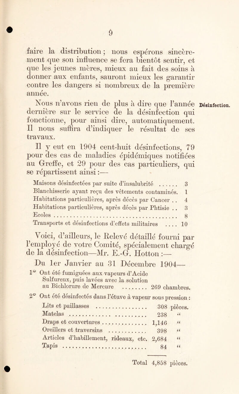faire la distribution; nous esperons sincere- ment que son influence se fera bientot sentir, et que les jeunes meres, mieux au fait des soins a donner aux enfants, sauront mieux les garantir contre les dangers si nombreux de la premiere annie. Nous n’avons rien de plus a dire que Fannie derniere sur le service de la disinfection qui fonctionne, pour ainsi dire, automatiquement. II nous suffira d’indiquer le risultat de ses travaux. II y eut en 1904 cent-huit disinfections, 79 pour des cas de maladies ipidimiques notifiies au Greffe, et 29 pour des cas particuliers, qui se ripartissent ainsi :— Maisons desinfectees par suite d’insalubrite . 3 Blanchisserie ayant regu des vetements contamines. 1 Habitations particulieres, apres deces par Cancer . . 4 Habitations particulieres, apres deces par Phtisie .. 3 Ecoles. 8 Transports et disinfections cVeffets militaires _ 10 Voici, d’ailleurs, le Relevi ditailli fourni par Femploy i de votre Comiti, spicialement chargi de la disinfection—Mr. E.-G. Hotton :— Du ler Janvier au 31 Dicembre 1904— 1° Ont ete fumiguees aux vapeurs d’Acide Sulfureux, puis lavees avec la solution au Bichlorure de IVTercure . 269 chambres. 2° Ont ete desinfectes dans l’etuve a vapeur sous pression : Lits et paillasses . 308 pieces. Matelas . 238 il XXraps et convertures. 1,146 “ Oreillers et traversins . 398 u Articles d’babillement, rideaux, etc. 2,684 “ Tapis . 84 u Total 4,858 pieces. Disinfection