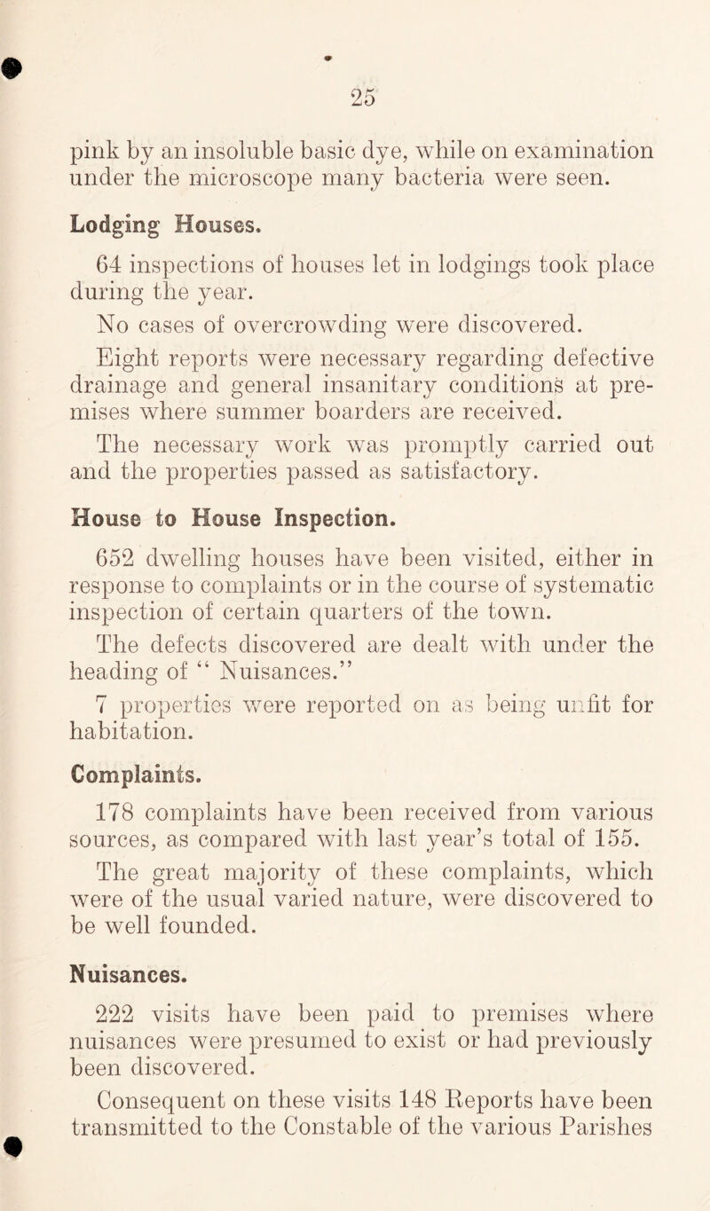 pink by an insoluble basic dye, while on examination under the microscope many bacteria were seen. Lodging Houses. 64 inspections of houses let in lodgings took place during the year. No cases of overcrowding were discovered. Eight reports were necessary regarding defective drainage and general insanitary conditions at pre¬ mises where summer boarders are received. The necessary work was promptly carried out and the properties passed as satisfactory. House to House Inspection. 652 dwelling houses have been visited, either in response to complaints or in the course of systematic inspection of certain quarters of the town. The defects discovered are dealt with under the heading of “ Nuisances.” 7 properties were reported on as being unfit for habitation. Complaints. 178 complaints have been received from various sources, as compared with last year’s total of 155. The great majority of these complaints, which were of the usual varied nature, were discovered to be well founded. Nuisances. 222 visits have been paid to premises where nuisances were presumed to exist or had previously been discovered. Consequent on these visits 148 Eeports have been transmitted to the Constable of the various Parishes