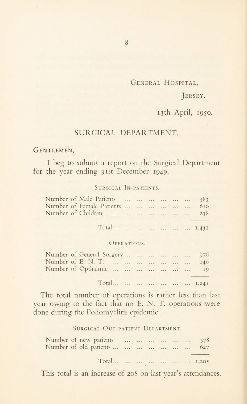 General Hospital, Jersey. 13th April, 1950. SURGICAL DEPARTMENT. Gentlemen, I beg to submit a report on the Surgical Department for the year ending 31st December 1949. Surgical In-patients. Number of Male Patients 583 Number of Female Patients 610 Number of Children 238 Total i,43i Operations. Number of General Surgery 976 Number of E. N. T 246 Number of Opthalmic 19 Total 1,241 The total number of operations is rather less than last year owing to the fact that no E. N. T. operations were done during the Poliomyelitis epidemic. Surgical Out-patient Department. Number of new patients 578 Number of old patients 627 Total 1,205 This total is an increase of 208 on last year’s attendances.