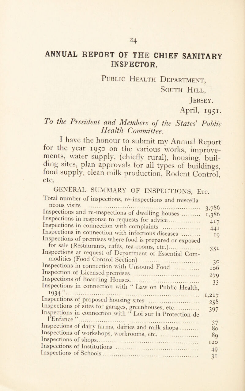 ANNUAL REPORT OF THE CHIEF SANITARY INSPECTOR. Public Health Department, South Hill, Jersey. April, 1951. To the President and Members of the States' Public Health Committee. I have the honour to submit my Annual Report foi the year 195° °u the various works, improve¬ ments, water supply, (chiefly rural), housing, buil¬ ding sites, plan approvals for all types of buildings, food supply, clean milk production, Rodent Control, etc. GENERAL SUMMARY OF INSPECTIONS, Etc,. I otai number of inspections, re-inspections and miscella¬ neous visits .•. Inspections and re-inspections of dwelling houses Inspections in response to requests for advice. Inspections in connection with complaints Inspections in connection with infectious diseases Inspections of premises where food is prepared or exposed for sale (Restaurants, cafes, tea-rooms, etc.). Inspections at request of Department of Essential Com¬ modities (Food Control Section) . Inspections in connection with Unsound Food Inspection of Licensed premises. Inspections of Boarding Houses. Inspections in connection with “ Law on Public Health !934”.! Inspections of proposed housing sites . Inspections of sites for garages, greenhouses, etc. Inspections in connection with  L01 sur la Protection de l’Enfance ”. Inspections of dairy farms, dairies and milk shops. Inspections of workshops, workrooms, etc. Inspections of shops. Inspections of Institutions . Inspections of Schools. 3,786 1,386 4U 441 35i 30 106 279 33 1,217 258 397 37 80 89 120 49 31