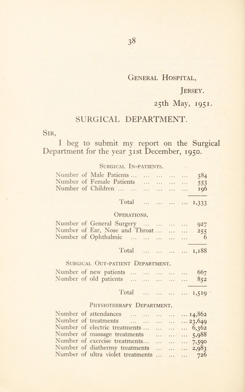 3« General Hospital, Jersey. 25th May, 1951. SURGICAL DEPARTMENT. Sir, I beg to submit my report on the Surgical Department for the year 31st December, 1950. Surgical In-patients. Number of Male Patients. Number of Female Patients . Number of Children. ... 584 553 196 Total . ••• i,333 Operations. Number of General Surgery .. Number of Ear, Nose and Throat. Number of Ophthalmic . ... 927 ••• 255 6 Total . ... 1,188 Surgical Out-patient Department. Number of new patients . Number of old patients .. 667 ... 852 Total .. ... ... 1,519 Physiotherapy Department. Number of attendances . Number of treatments . Number of electric treatments. Number of massage treatments . Number of exercise treatments. Number of diathermy treatments . Number of ultra violet treatments. ... 14,862 ... 23,649 ... 6,^62 ... 5,988 7,590 ... 2,983 726