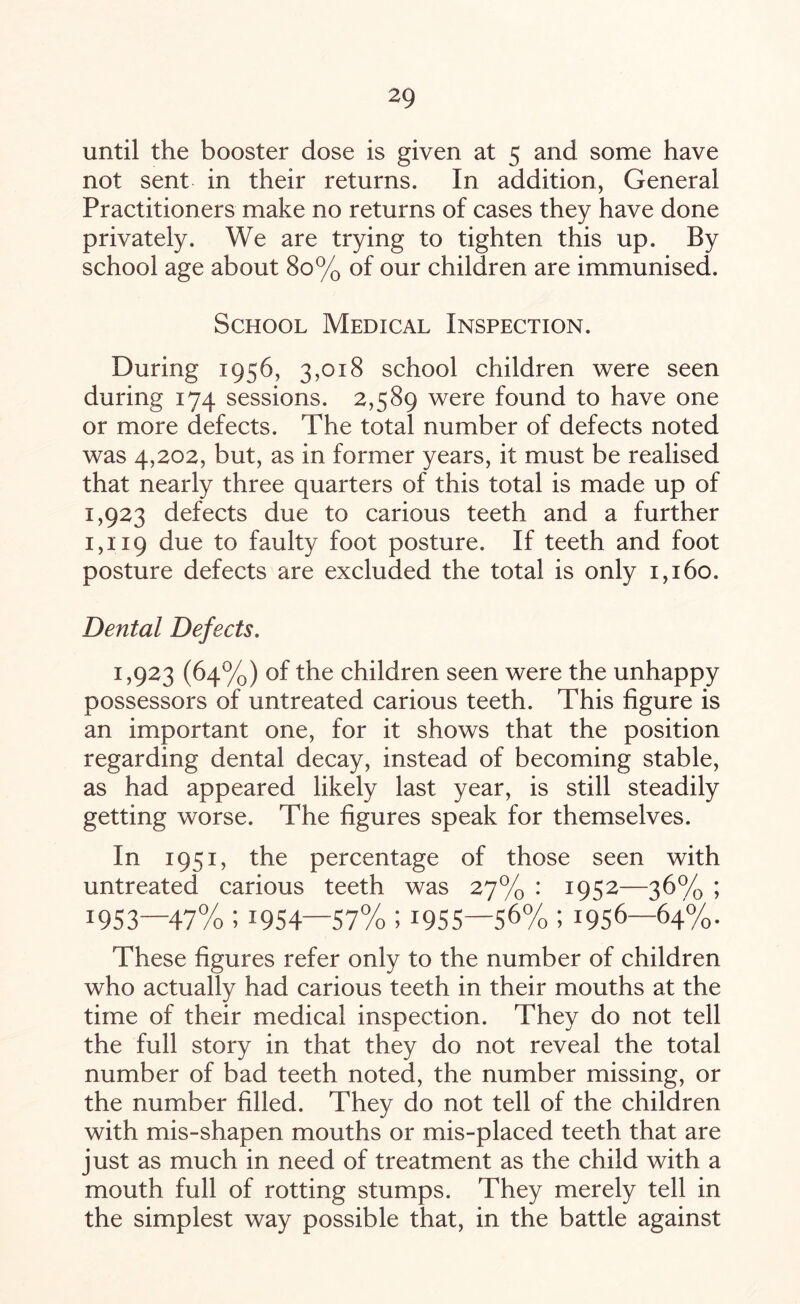 until the booster dose is given at 5 and some have not sent in their returns. In addition, General Practitioners make no returns of cases they have done privately. We are trying to tighten this up. By school age about 80% of our children are immunised. School Medical Inspection. During 1956, 3,018 school children were seen during 174 sessions. 2,589 were found to have one or more defects. The total number of defects noted was 4,202, but, as in former years, it must be realised that nearly three quarters of this total is made up of 1,923 defects due to carious teeth and a further 1,119 due faulty foot posture. If teeth and foot posture defects are excluded the total is only 1,160. Dental Defects. 1,923 (64%) of the children seen were the unhappy possessors of untreated carious teeth. This figure is an important one, for it shows that the position regarding dental decay, instead of becoming stable, as had appeared likely last year, is still steadily getting worse. The figures speak for themselves. In 1951, the percentage of those seen with untreated carious teeth was 27% : 1952—36% ; J953—47% ; r954—57% ; 1955—5^% ; 1956—64%. These figures refer only to the number of children who actually had carious teeth in their mouths at the time of their medical inspection. They do not tell the full story in that they do not reveal the total number of bad teeth noted, the number missing, or the number filled. They do not tell of the children with mis-shapen mouths or mis-placed teeth that are just as much in need of treatment as the child with a mouth full of rotting stumps. They merely tell in the simplest way possible that, in the battle against