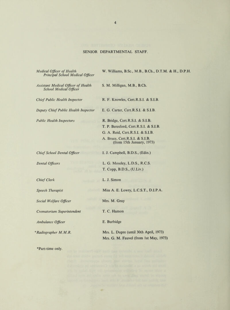 SENIOR DEPARTMENTAL STAFF. Medical Officer of Health Principal School Medical Officer W. Williams, B.Sc., M.B., B.Ch., D.T.M. & H., D.P.H. Assistant Medical Officer of Health School Medical Officer S. M. Milligan, M.B., B.Ch. Chief Public Health Inspector R. F. Knowles, Cert.R.S.I. & S.I.B. Deputy Chief Public Health Inspector E. G. Carter, Cert.R.S.I. & S.I.B. Public Health Inspectors R. Bridge, Cert.R.S.I. & S.I.B. T. P. Beresford, Cert.R.S.I. & S.I.B. G. A. Reid, Cert.R.S.I. & S.I.B. A. Bruce, Cert.R.S.I. & S.I.B. (from 15th January, 1973) Chief School Dental Officer I. J. Campbell, B.D.S., (Edin.) Dental Officers L. G. Moseley, L.D.S., R.C.S. T. Copp, B.D.S., (U.Liv.) Chief Clerk L. J. Simon Speech Therapist Miss A. E. Lowry, L.C.S.T., D.I.P.A. Social Welfare Officer Mrs. M. Gray Crematorium Superintendent T. C. Hamon Ambulance Officer E. Burbidge * Radiographer M.M.R. Mrs. L. Dupre (until 30th April, 1973) Mrs. G. M. Fauvel (from 1st May, 1973) *Part-time only.