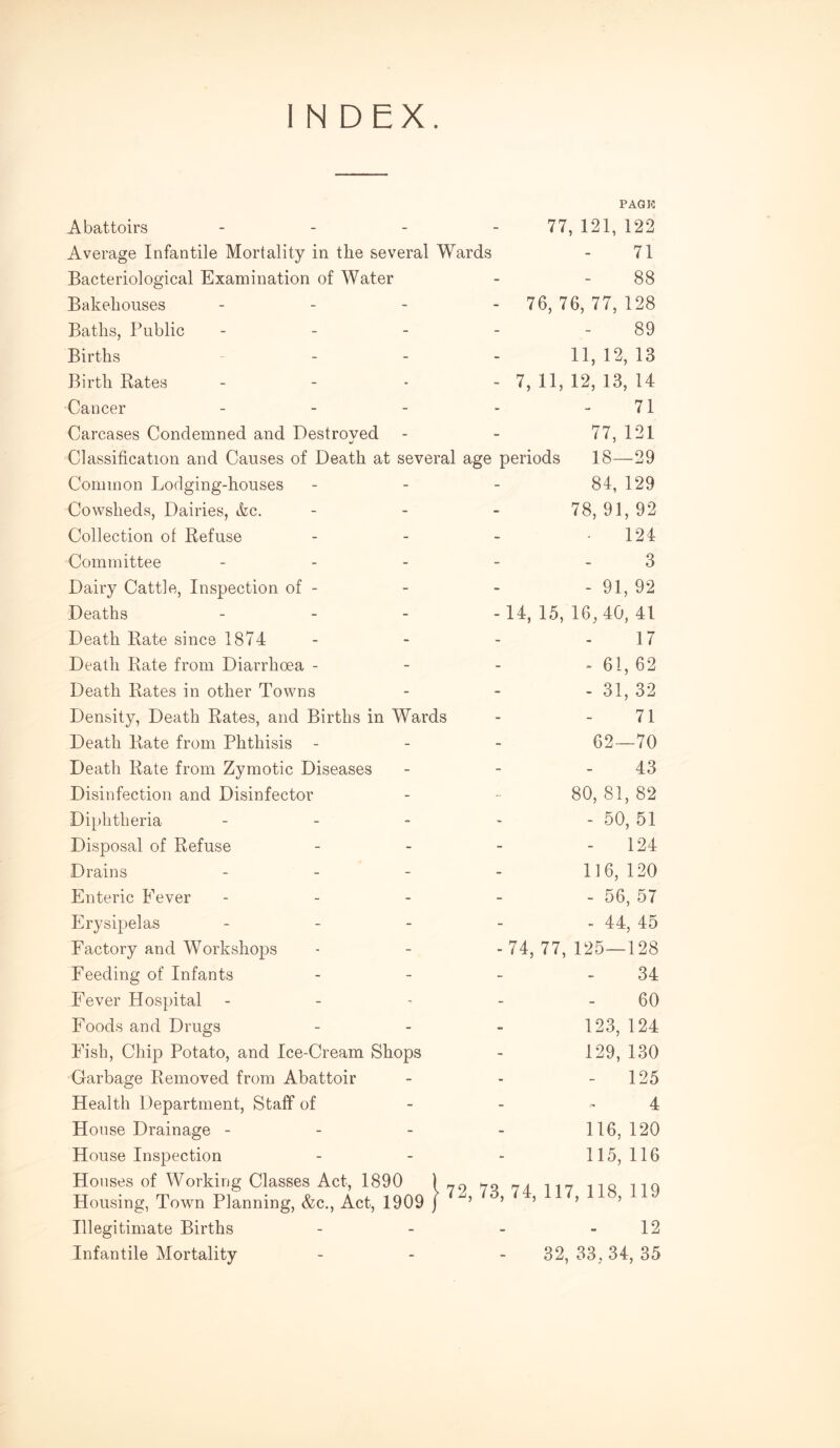 Abattoirs . _ . . Average Infantile Mortality in the several Wards Bacteriological Examination of Water Bakehouses _ _ - . Baths, Public . _ - . Births - - - . PAGIfl 77, 121, 122 71 88 76, 76, 77, 128 89 11, 12, 13 Birth Rates Cancer _ - - . Carcases Condemned and Destroyed Classification and Causes of Death at several age periods Common Lodging-houses - - - Cowsheds, Dairies, &c. . _ - Collection of Refuse . _ . Committee . . . _ Dairy Cattle, Inspection of - Deaths _ _ _ Death Rate since 1874 Death Rate from Diarrhoea - Death Rates in other Towns Density, Death Rates, and Births in Wards Death Rate from Phthisis - Death Rate from Zymotic Diseases Disinfection and Disinfector Di})htheria . _ - Disposal of Refuse Drains _ _ _ Enteric Fever Erysipelas . _ _ Factory and Workshops Feeding of Infants Fever Hospital Foods and Drugs Fish, Chip Potato, and Ice-Cream Shops Garbage Removed from Abattoir Health Department, Staff of House Drainage - House Inspection Houses of Working Classes Act, 1890 ) r-,A -1-17 -.10 iiq Housing, Town Planning, &c.. Act, 1909 j ’ ^ ’ ’ ’ Illegitimate Births - - - - 12 Infantile Mortality . . _ 32, 33,34, 35 7, 11, 12, 13, 14 71 77, 121 18—29 84, 129 78,91,92 124 3 - 91, 92 -14, 15, 16,40, 41 17 * 61, 62 - 31, 32 71 62—70 43 80,81,82 - 50, 51 124 116,120 - 56, 57 - 44, 45 - 74, 77, 125—128 34 60 123, 124 129, 130 - 125 4 116,120 115,116