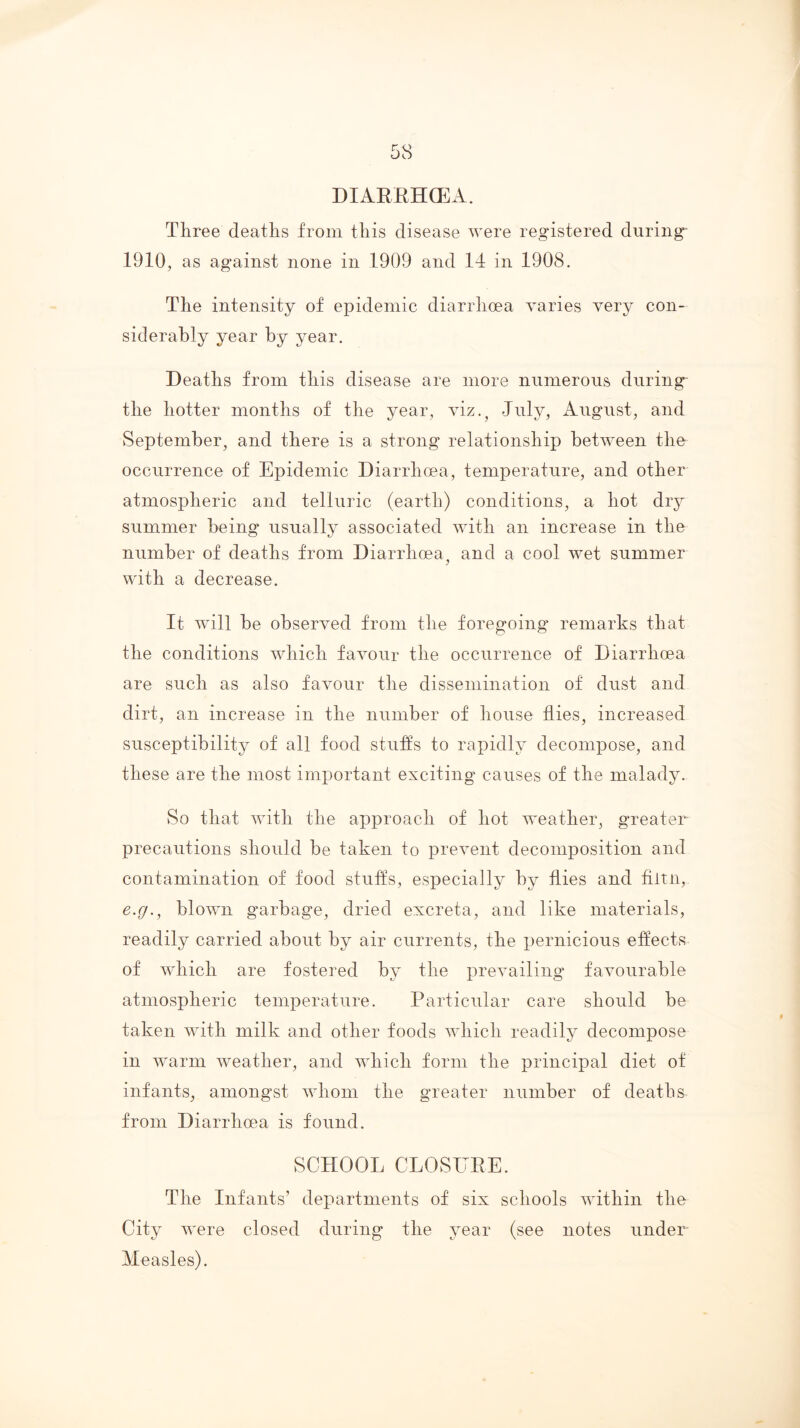 DIAEEHCEA. Three deaths from this disease were registered during- 1910, as against none in 1909 and 14 in 1908. The intensity of epidemic diarrhoea varies very con- siderably year by year. Deaths from this disease are more numerous during- the hotter months of the year, viz.^ August, and September, and there is a strong relationship between the occurrence of Epidemic Diarrhoea, temperature, and other atmospheric and telluric (earth) conditions, a hot dry summer being usually associated with an increase in the number of deaths from Diarrhoea^ and a cool wet summer with a decrease. It will be observed from the foregoing remarks that the conditions which favour the occurrence of Diarrhoea are such as also favour the dissemination of dust and dirt, an increase in the number of house dies, increased susceptibility of all food stutfs to rapidly decompose, and these are the most important exciting causes of the malady. So that with the approach of hot weather, greater precautions should be taken to prevent decomposition and contamination of food stuffs, especially by flies and flitn, 6.y., blown garbage, dried excreta, and like materials, readily carried about by air currents, the pernicious effects of which are fostered by the prevailing favourable atmospheric temperature. Particular care should be taken with milk and other foods which readily decompose in warm weather, and which form the principal diet of infants, amongst whom the greater number of deaths from Diarrhoea is found. SCHOOL CLOSUEE. The Infants’ departments of six schools within the City were closed during the year (see notes under Measles).