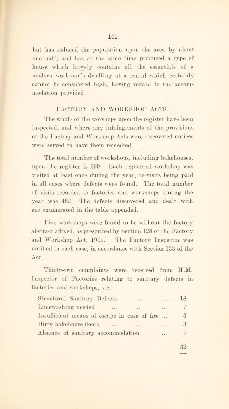 but has reduced the population upon the area by about one half, and has at the same time produced a type of house which largely contains all the essentials of a modern workman’s dwelling at a rental which certainly cannot be considered high, having regard to the accom- modation provided. FACTOEY A YD WOEKSHOP ACTS. The whole of the worshops upon the register have been inspected, and where any infringements of the provisions of the Factory and Workshop Acts were discovered notices were served to have them remedied. The total number of workshops, including bakehouses, upon the register is 299. Each registered Avorkshop was visited at least once during the year^ re-visits being paid in all cases where defects Avere found. The total number of visits recorded to factories and Avorkshops during the year was 462. The defects discovered and dealt with are enumerated in the table appended. Five workshops Avere found to be Avithout the factory abstract affixed, as prescribed by Section 128 of the Factory and AYorkshop Act, 1901. The Factory Inspector was notified in each case, in accordance with Section 133 of the Act. Thirty-tAvo complaints were received from H.M. Inspector of Factories relating to sanitary defects in factories and Avorkshops, viz. : — Structural Sanitary Defects ... ... 18 LimeAvashing needed ... ... ... 7 Insufficient means of escape in case of fire ... 3 Dirty bakehouse floors ... ... ... 3 Absence of sanitary accommodation ... 1 32