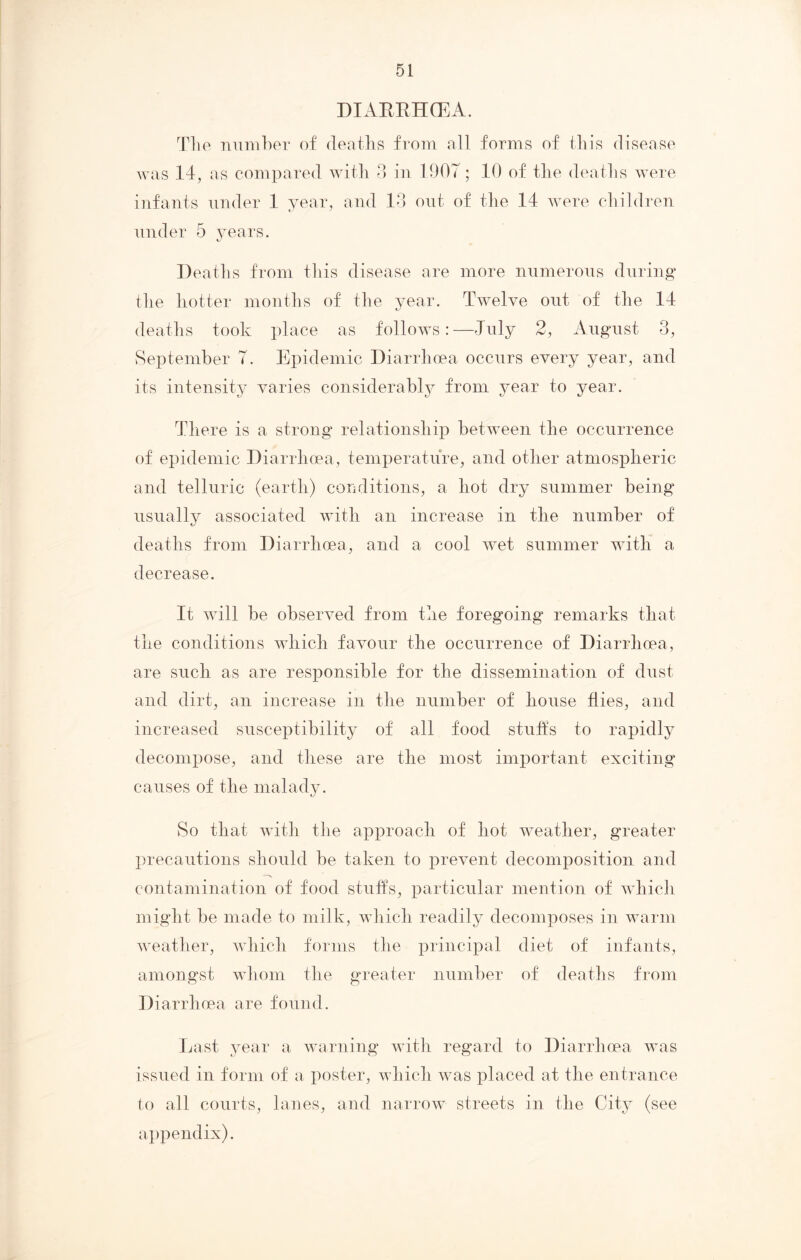 DIARRHCEA. The number of deaths from all forms of this disease was 14, as compared with 3 in 1907; 10 of the deaths were infants under 1 year, and 13 out of the 14 were children under 5 years. Deaths from this disease are more numerous during the hotter months of the year. Twelve out of the 14 deaths took place as follows:—July 2, August 3, September 7. Epidemic Diarrhoea occurs every year, and its intensity varies considerably from year to year. There is a strong relationship between the occurrence of epidemic Diarrhoea, temperature, and other atmospheric and telluric (earth) conditions, a hot dry summer being usually associated with an increase in the number of deaths from Diarrhoea, and a cool wet summer with a decrease. It will be observed from the foregoing remarks that the conditions which favour the occurrence of Diarrhoea, are such as are responsible for the dissemination of dust and dirt, an increase in the number of house flies, and increased susceptibility of all food stuffs to rapidly decompose, and these are the most important exciting causes of the malady. So that with the approach of hot weather, greater precautions should be taken to prevent decomposition and contamination of food stuffs, particular mention of which might be made to milk, which readily decomposes in warm weather, which forms the principal diet of infants, amongst whom the greater number of deaths from Diarrhoea are found. Last year a warning with regard to Diarrhoea was issued in form of a poster, which was placed at the entrance to all courts, lanes, and narrow streets in the City (see appendix).