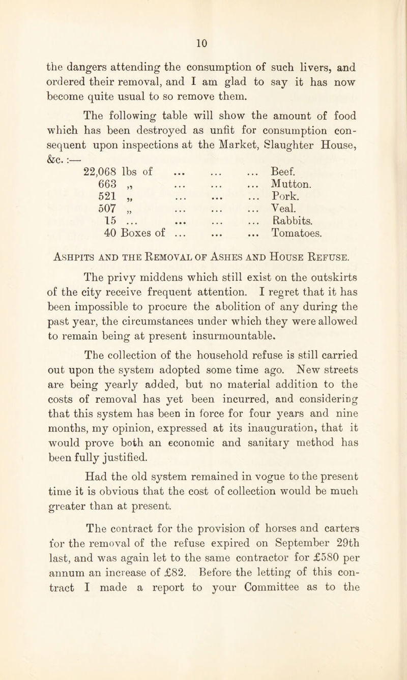 the dangers attending the consumption of such livers, and ordered their removal, and I am glad to say it has now become quite usual to so remove them. The following table will show the amount of food which has been destroyed as unfit for consumption con- sequent upon inspections at the Market, Slaughter House, 22,068 lbs of ... ... ... Beef. 663 „ • • • • • • ... Mutton. 521 „ • « • • • • ... Pork. 507 „ • • • • • • ... Veal. 15 ... a • • • * • Rabbits. 40 Boxes of .. Tomatoes. Ashpits and the Kemoval of Ashes and House Refuse. The privy middens which still exist on the outskirts of the city receive frequent attention. I regret that it has been impossible to procure the abolition of any during the past year, the circumstances under which they were allowed to remain being at present insurmountable. The collection of the household refuse is still carried out upon the system adopted some time ago. New streets are being yearly added, but no material addition to the costs of removal has yet been incurred, and considering that this system has been in force for four years and nine months, my opinion, expressed at its inauguration, that it would prove both an economic and sanitary method has been fully justified. Had the old system remained in vogue to the present time it is obvious that the cost of collection would be much greater than at present. The contract for the provision of horses and carters for the removal of the refuse expired on September 29th last, and was again let to the same contractor for £580 per annum an increase of £82. Before the letting of this con- tract I made a report to your Committee as to the