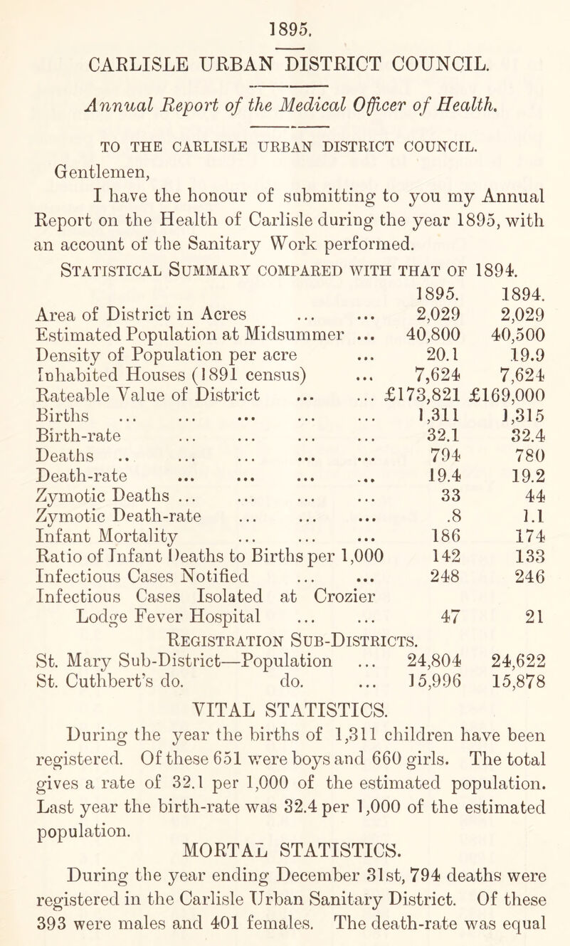 1895. CARLISLE URBAN DISTRICT COUNCIL. Annual Report of the Medical Officer of Health. TO THE CARLISLE URBAN DISTRICT COUNCIL. Gentlemen, I have the honour of submitting to you my Annual Report on the Health of Carlisle during the year 1895, with an account of the Sanitary Work performed. Statistical Summary compared with that of 1894. 1895. 1894. Area of District in Acres 2,029 2,029 Estimated Population at Midsummer ... 40,800 40,500 Density of Population per acre 20.1 19.9 Inhabited Houses (1891 census) 7,624 7,624 Rateable Value of District £173,821 £169,000 Births 1,311 1,315 Birth-rate 32.1 32.4 D eaths .. ... ... ... ... 794 780 Death-rate 19.4 19.2 Zymotic Deaths ... 33 44 Zymotic Death-rate .8 1.1 Infant Mortality 186 174 Ratio of Infant Deaths to Births per 1,000 142 133 Infectious Cases Notified Infectious Cases Isolated at Crozier 248 246 Lodge Fever Hospital 47 21 Registration Sub-Districts. St. Mary Sub-District—Population 24,804 24,622 St. CuthberPs do. do. 15,996 15,878 VITAL STATISTICS. During the year the births of 1,311 children have been registered. Of these 651 were boys and 660 girls. The total gives a rate of 32.1 per 1,000 of the estimated population. Last year the birth-rate was 32.4 per 1,000 of the estimated population. MORTAL STATISTICS. During the year ending December 31st, 794 deaths were registered in the Carlisle Urban Sanitary District. Of these 393 were males and 401 females. The death-rate was equal