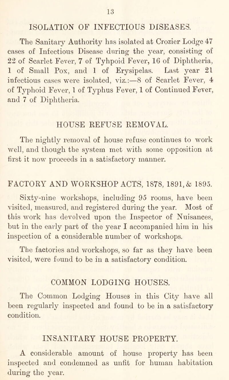 ISOLATION OF INFECTIOUS DISEASES. The Sanitary Authority has isolated at Crozier Lodge 47 cases of Infectious Disease daring the year, consisting of 22 of Scarlet Fever, 7 of Tyhpoid Fever, 16 of Diphtheria, 1 of Small Pox, and 1 of Erysipelas. Last year 21 iufectious cases were isolated, viz.:—8 of Scarlet Fever, 4 of Typhoid Fever, 1 of Typhus Fever, 1 of Continued Fever, and 7 of Diphtheria. HOUSE REFUSE REMOVAL. The nightly removal of house refuse continues to work well, and though the system met with some opposition at first it now proceeds in a satisfactory manner. FACTORY AND WORKSHOP ACTS, 1878, 1891, & 1895. Sixty-nine workshops, including 95 rooms, have been visited, measured, and registered during the year. Most of this work has devolved upon the Inspector of Nuisances, but in the early part of the year I accompanied him in his inspection of a considerable number of workshops. The factories and workshops, so far as they have been visited, were found to be in a satisfactory condition. COMMON LODGING HOUSES. The Common Lodging Houses in this City have all been regularly inspected and found to be in a satisfactory condition. INSANITARY HOUSE PROPERTY. A considerable amount of house property has been inspected and condemned as unfit for human habitation during the year.