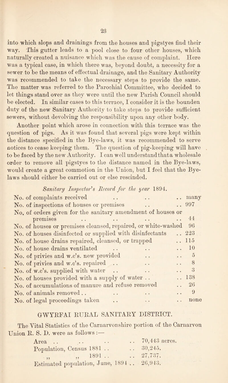 into whicli slops and drainings from the houses and pigstyes find their way. This gutter leads to a pool close to four other houses, which naturally created a nuisance which was the cause of complaint. Here was a typical case, in which there was, beyond doubt, a necessity for a sewer to be the means of effectual drainage, and the Sanitary Authority was recommended to tabe the necessary steps to provide the same. The matter was referred to the Parochial Committee, who decided to let things stand over as they were until the new Parish Council should be elected. In similar cases to this terrace, I consider it is the bounden duty of the new Sanitary Authority to take steps to provide sufficient sewers, without devolving the responsibility upon any other body. Another point which arose in connection with this terrace was the question of pigs. As it was found that several pigs were kept within the distance specified in the Bye-laws, it was recommended to serve notices to cease keeping them. The question of pig-keeping will have to be faced by the new Authority. I can well understand that a wholesale order to remove all pigstyes to the distance named in the Bye-laws, would create a great commotion in the Union, but I feel that the Bye- laws should either be carried out or else rescinded. Sanitary Ins^jector^s Record for the year 1894. No. of cornedaints received No. of inspections of houses or premises No, of orders given for the sanitary amendment of houses or premises No. of houses or premises cleansed, repaired, or white-washed No. of houses disinfected or supplied with disinfectants No. of house drains repaired, cleansed, or trapped No. of house drains ventilated No. of privies and w.c’s. new provided No. of privies and w.c’s. repaired No. of w.c’s. supplied with water No. of houses provided with a supply of water . . No. of accumulations of manure and refuse removed No. of animals removed . . No. of legal proceedings taken many 997 44 96 223 115 10 5 8 3 138 26 9 none GWYEFAI EUEAL SANITAEY UI8TEIOT. The Vital Statistics of the Carnarvonshire portion of the Carnarvon Union E. S. D. were as follows :— Area . . Population, Census 1881 . . n _ 1891 .. Estimated population, June, 1891 70,443 acres. 30,245. 27,737. 26,913. • •