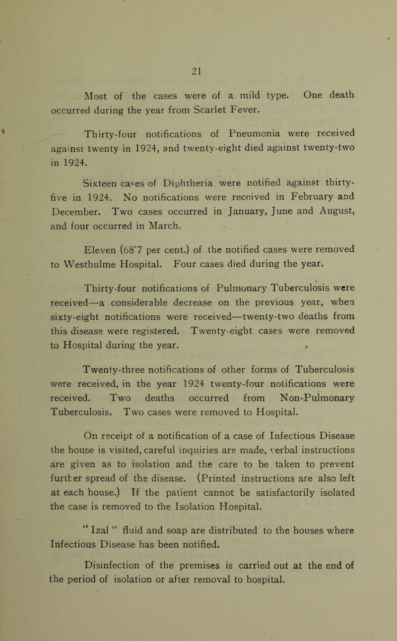 Most of the cases were of a mild type. One death occurred during the year from Scarlet Fever. Thirty-four notifications of Pneumonia were received against twenty in 1924, and twenty-eight died against twenty-two in 1924. Sixteen ca^^es of Diphtheria were notified against thirty- five in 1924. No notifications were received in February and December. Two cases occurred in January, June and August, and four occurred in March. Eleven (68’7 per cent.) of the notified cases were removed to Westhulme Hospital. Four cases died during the year. Thirty-four notifications of Pulmonary Tuberculosis were received—a considerable decrease on the previous year, when sixty-eight notifications were received—twenty-two deaths from this disease were registered. Twenty-eight cases were removed to Hospital during the year. • Twenty-three notifications of other forms of Tuberculosis were received, in the year 1924 twenty-four notifications were received. Two deaths occurred from Non-Pulmonary Tuberculosis. Two cases were removed to Hospital. On receipt of a notification of a case of Infectious Disease the house is visited, careful inquiries are made, verbal instructions are given as to isolation and the care to be taken to prevent further spread of the disease. (Printed instructions are also left at each house.) If the patient cannot be satisfactorily isolated the case is removed to the Isolation Hospital. “ Izal ” fluid and soap are distributed to the houses where Infectious Disease has been notified. Disinfection of the premises is carried out at the end of the period of isolation or after removal to hospital.