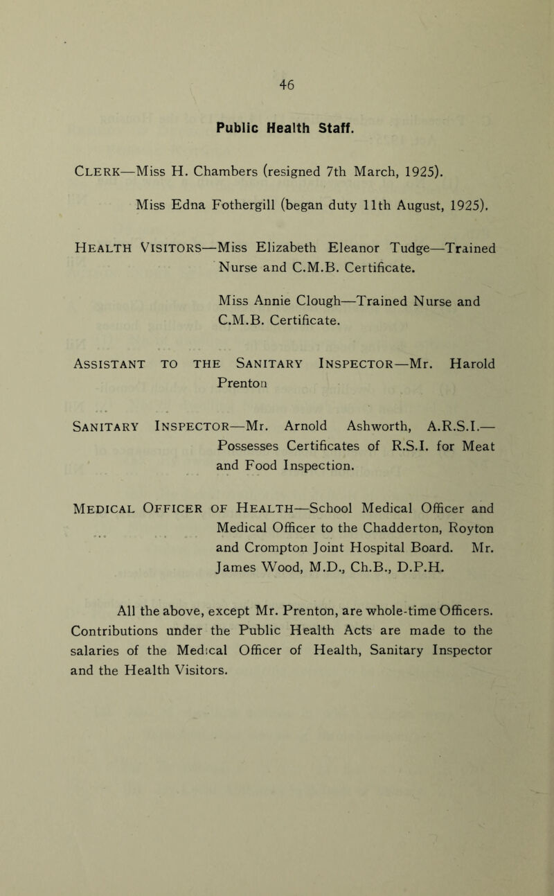 Public Health Staff. Clerk—Miss H. Chambers (resigned 7th March, 1925). Miss Edna Fothergill (began duty 11th August, 1925). Health Visitors—Miss Elizabeth Eleanor Tudge—Trained Nurse and C.M.B. Certificate. Miss Annie Clough—Trained Nurse and C.M.B. Certificate. Assistant to the Sanitary Inspector—Mr. Harold Prenton Sanitary Inspector—Mr. Arnold Ashworth, A.R.S.I.— Possesses Certificates of R.S.I. for Meat and Food Inspection. Medical Officer of Health—School Medical Officer and Medical Officer to the Chadderton, Royton and Crompton Joint Hospital Board. Mr. James Wood, M.D., Ch.B., D.P.H. All the above, except Mr. Prenton, are whole-time Officers. Contributions under the Public Health Acts are made to the salaries of the Medical Officer of Health, Sanitary Inspector and the Health Visitors.