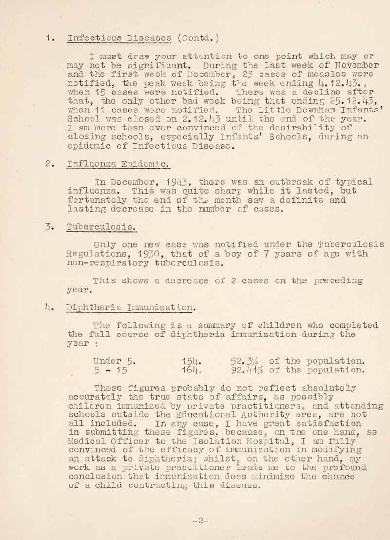 1. Infectious Diseases (Conta.) I must draw your attention to one point which may or may not he significant* During the last week of November and the first week of December, 23 cases of measles were notified, the peak week being the week ending 4#12*43.9 when 15 cases were notified* There was a decline after that, the only other bad week being that ending 25.12*43, when 11 cases were notified* The Little Downham Infants* School was closed on 2*12*43 until the end of the year. I am more than ever convinced of the desirability of closing schools, especially Infants* Schools, during an epidemic of Infectious Disease* 2. Influenza Epidemic. In December, 1943, there was an outbreak of typical influenza* This was quite sharp while it lasted, but fortunately the end of the month saw a definite and lasting decrease in the number of cases, 3. Tuberculosis. i Only one new case was notified under the tuberculosis Regulations, 1930, that of a boy of 7 years of age with non-respiratory tuberculosis. This shows a decrease of 2 cases on the preceding year. 4. Diphtheria Immunization. The following is a summary of children who completed the full course of diphtheria Immunization during the year : 154. 164. of the population, of the population. Under 5. 5-15 These figures probably do not reflect absolutely accurately the true state of affairs, as possibly children immunized by private practitioners, and attending schools outside the Educational Authority area, are not all included. In any case, 1 have great satisfaction in submitting these figures, because, on the one hand, as Medical Officer to the Isolation Hospital, I am fully convinced of the efficacy of immunization in modifying an attack to diphtheria; whilst, on the- other hand, my work as a private practitioner leads me to the profound conclusion that immunization does minimize the chance of a child contracting this disease.