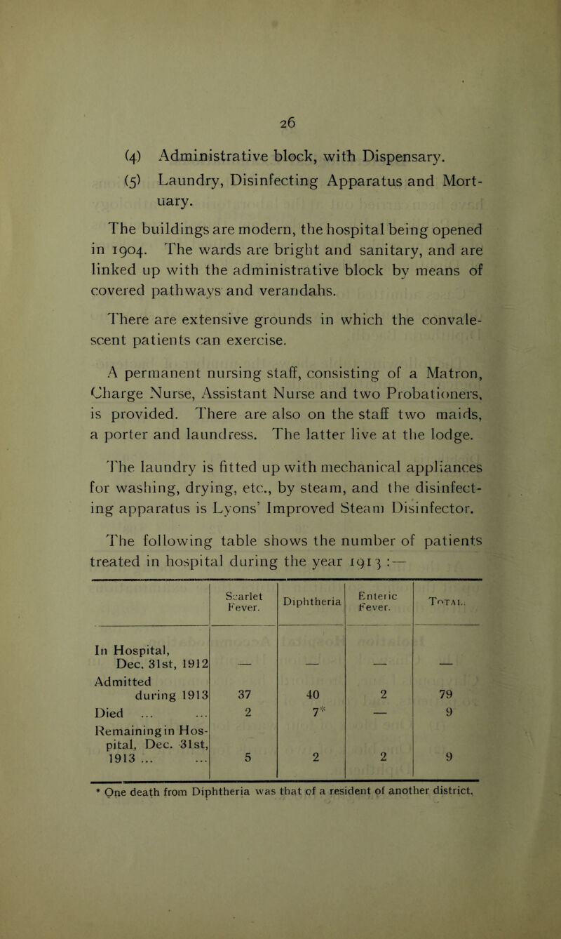 (4) Administrative block, with Dispensary. (5) Laundry, Disinfecting Apparatus and Mort- uary. The buildings are modern, the hospital being opened in 1904. The wards are bright and sanitary, and are linked up with the administrative block by means of covered pathways and verandahs. There are extensive grounds in which the convale- scent patients can exercise. A permanent nursing staff, consisting of a Matron, Charge Nurse, Assistant Nurse and two Probationers, is provided. There are also on the staff two maids, a porter and laundress. The latter live at the lodge. The laundry is fitted up with mechanical appliances for washing, drying, etc., by steam, and the disinfect- ing apparatus is Lyons’ Improved Steam Disinfector. The following table shows the number of patients treated in hospital during the year 1913 : — Scarlet Fever. Diphtheria Enteric Fever. Total. In Hospital, Dec. 31st, 1912 Admitted during 1913 37 40 2 79 Died ... 2 7* — 9 Remaining in Hos- pital, Dec. 31st, 1913 ... 5 2 2 9 * One death from Diphtheria was that of a resident of another district,